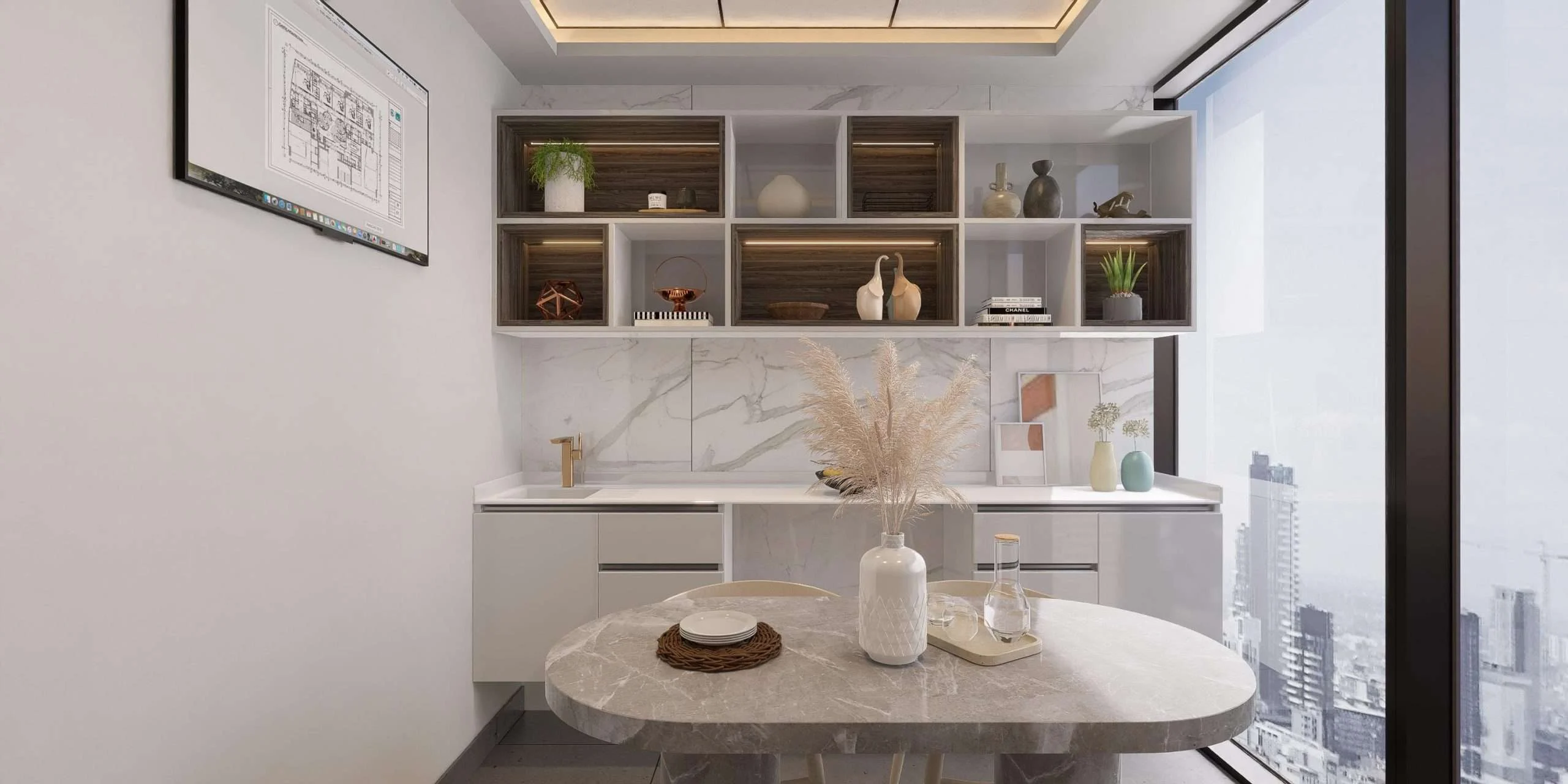 Sala de estar con mesa ovalada de mármol y vitrinas iluminadas de la Clínica de Rehabilitación Oral en Kennedy — Grupo Lecaros