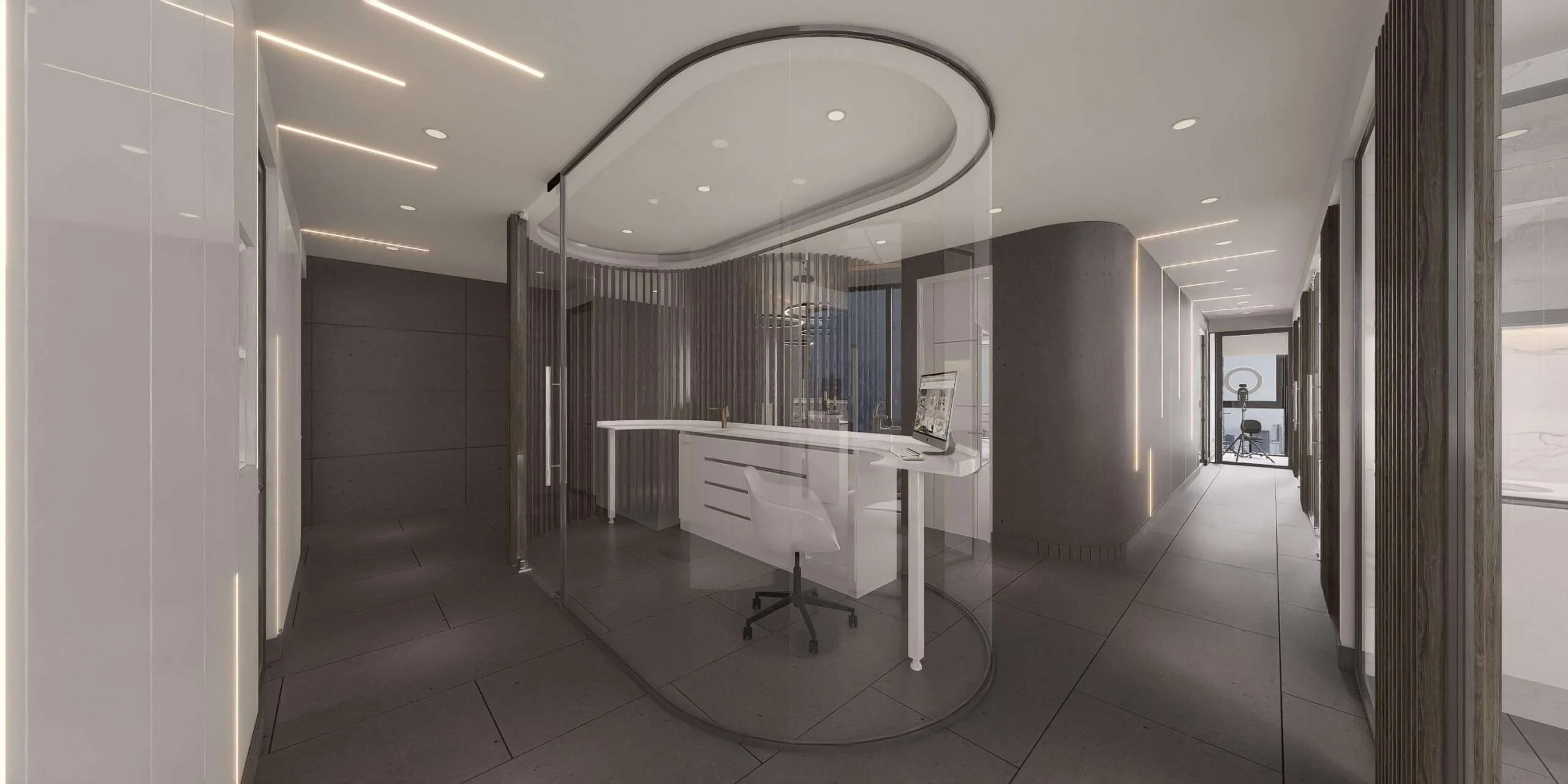 Consulta con mueble a medida y cielo ovalado iluminado de la Clínica de Rehabilitación Oral en Kennedy — Grupo Lecaros