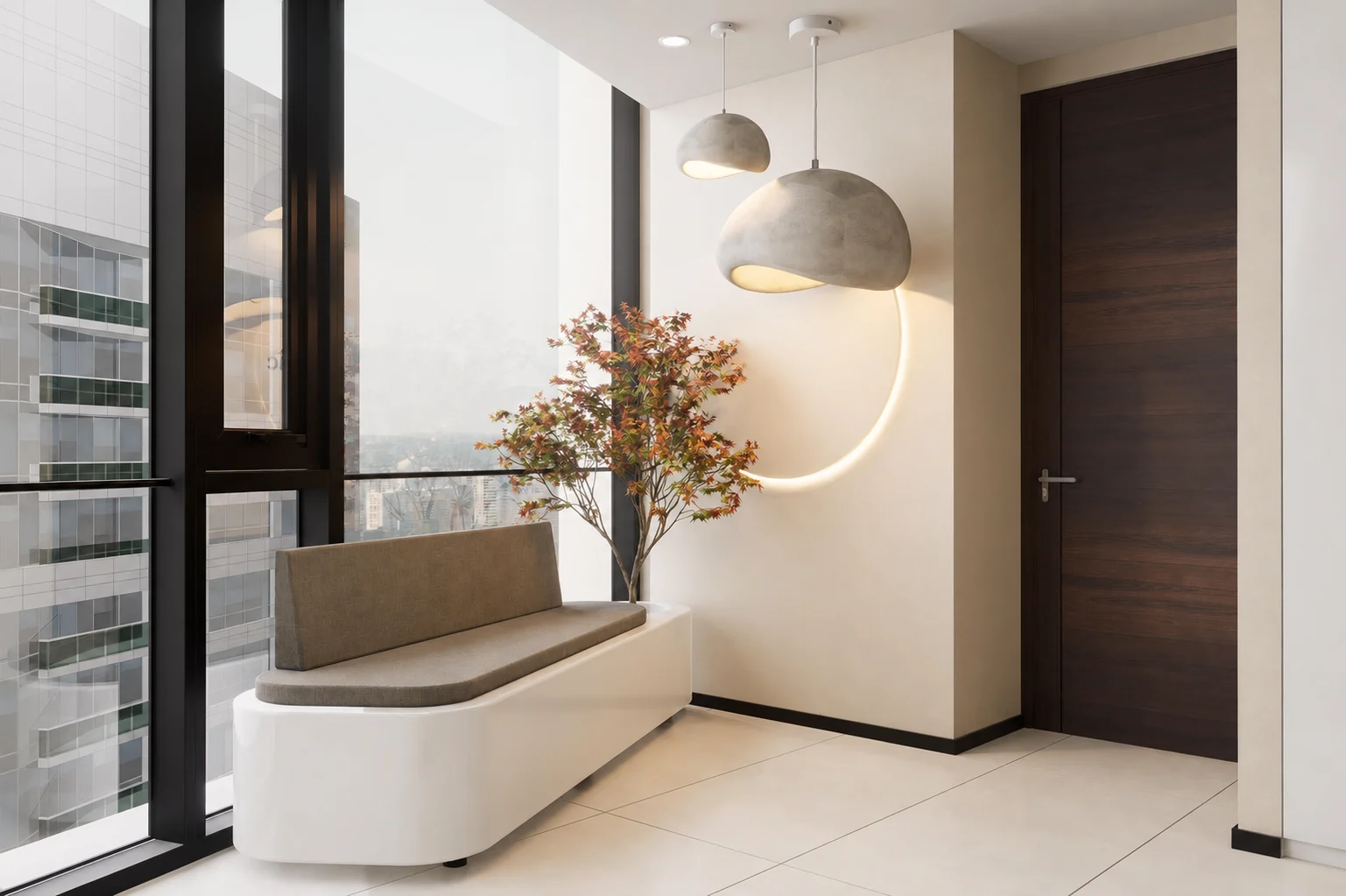 Sala de espera con banca curva de la Clínica Dental/Estética en Machalí — Grupo Lecaros
