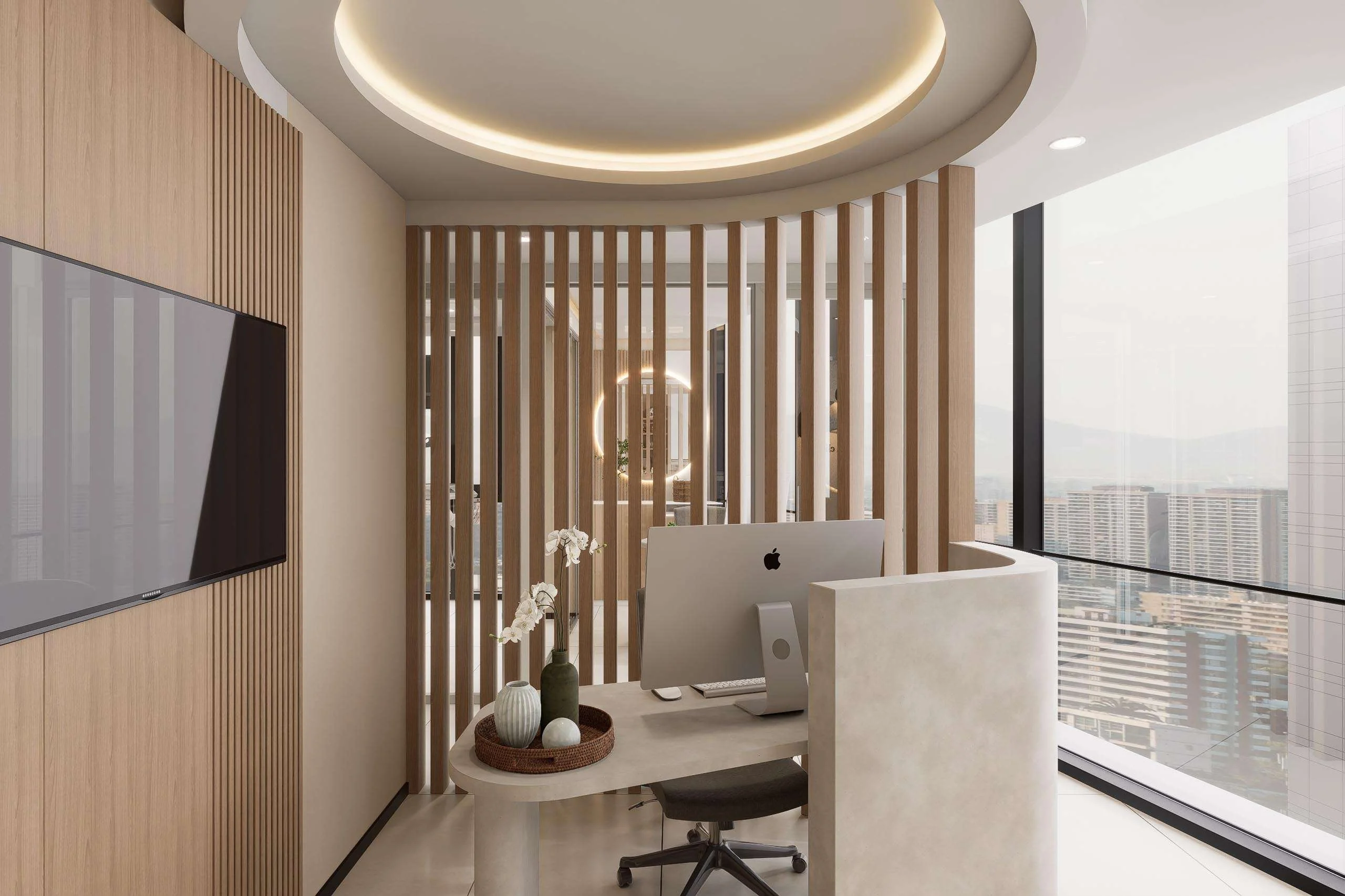 Recepción con celosía de madera y ventanal de la Clínica Dental/Estética en Machalí — Grupo Lecaros