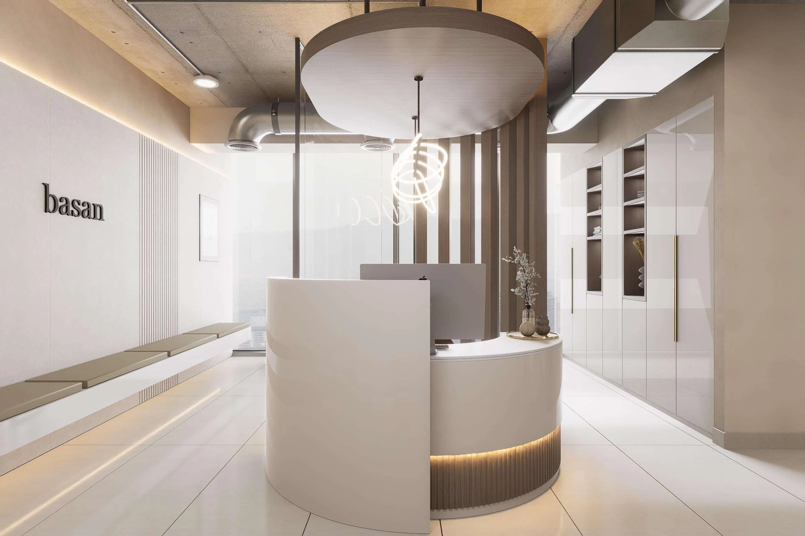 Recepción con mesón curvo de la Clínica Dental/Estética en Santiago — Grupo Lecaros