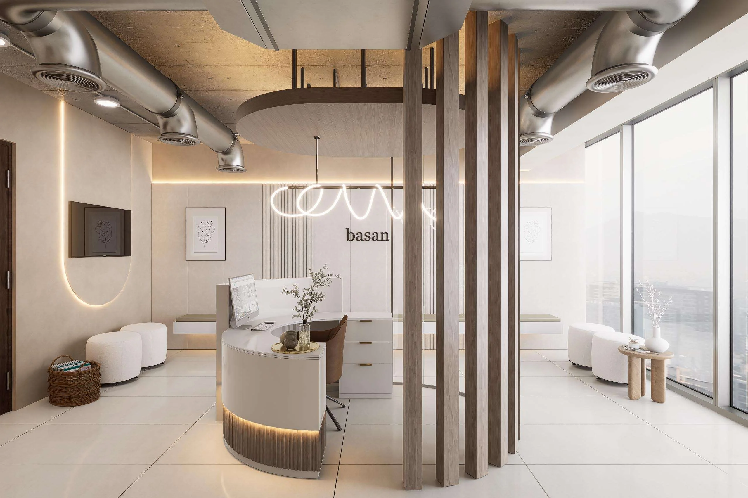Sala de espera con ventanal de la Clínica Dental/Estética en Santiago — Grupo Lecaros