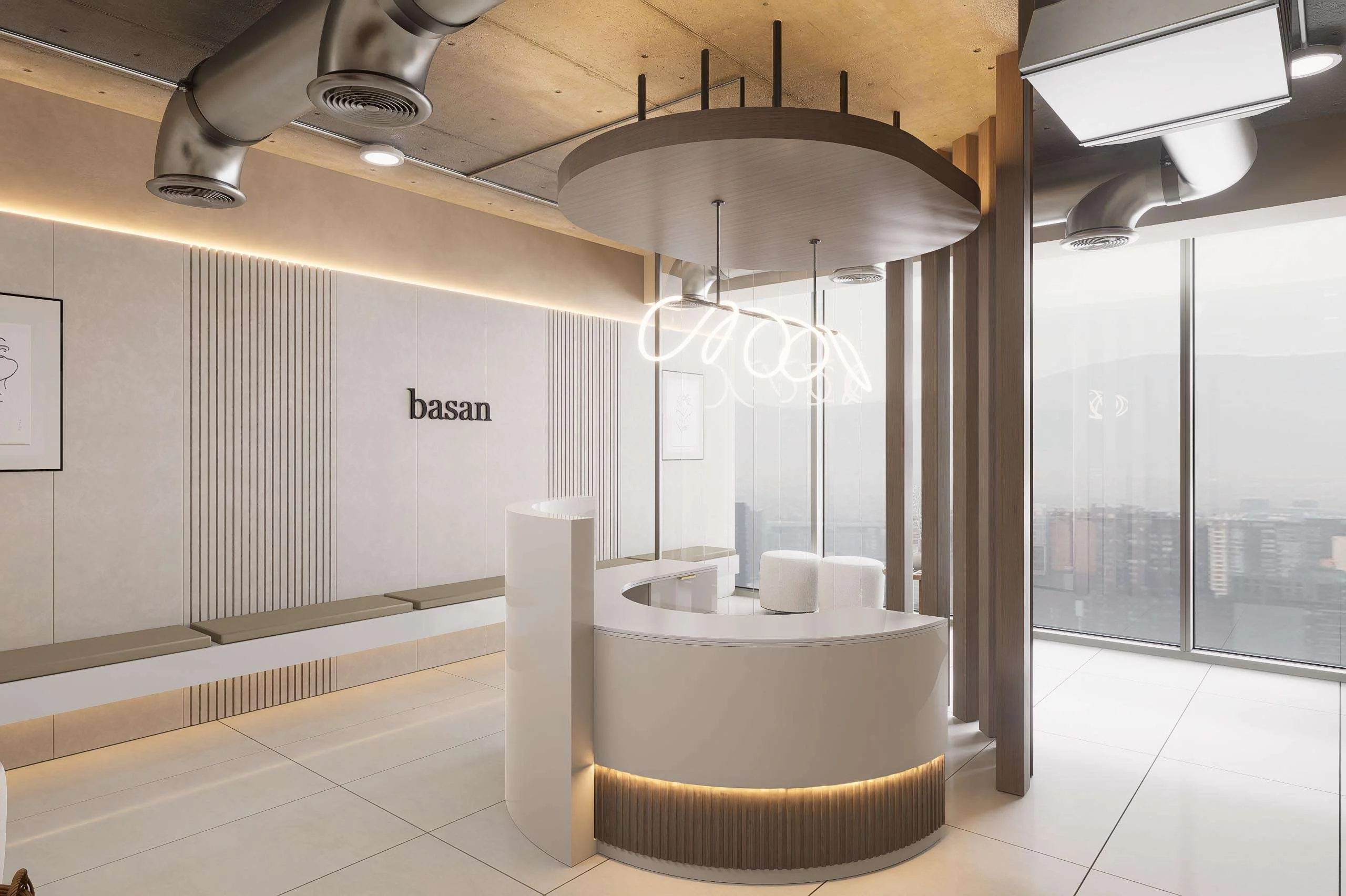 Sala de espera curva con vista a la ciudad de la Clínica Dental/Estética en Santiago — Grupo Lecaros
