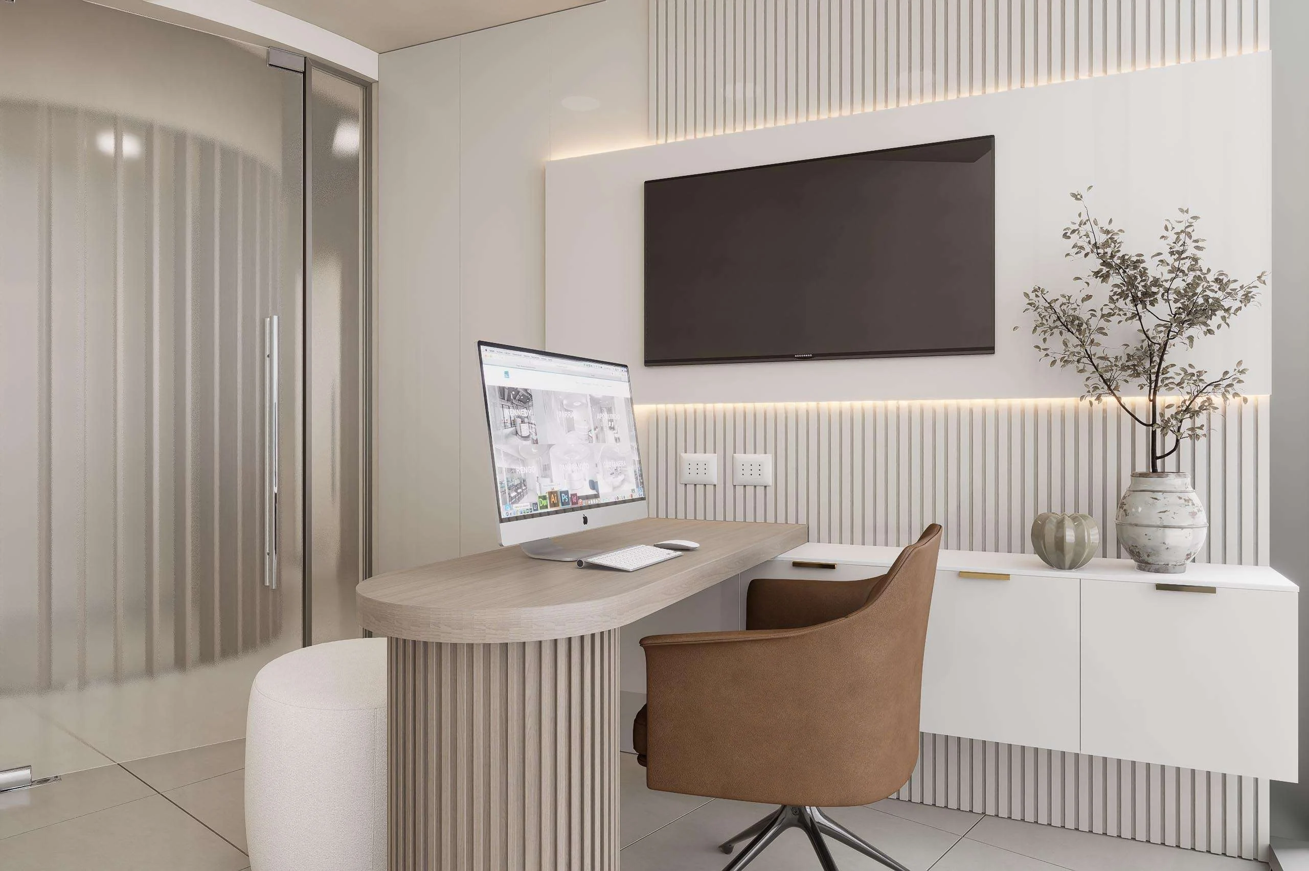 Escritorio de consulta con muro acanalado de la Clínica Dental/Estética en Santiago — Grupo Lecaros