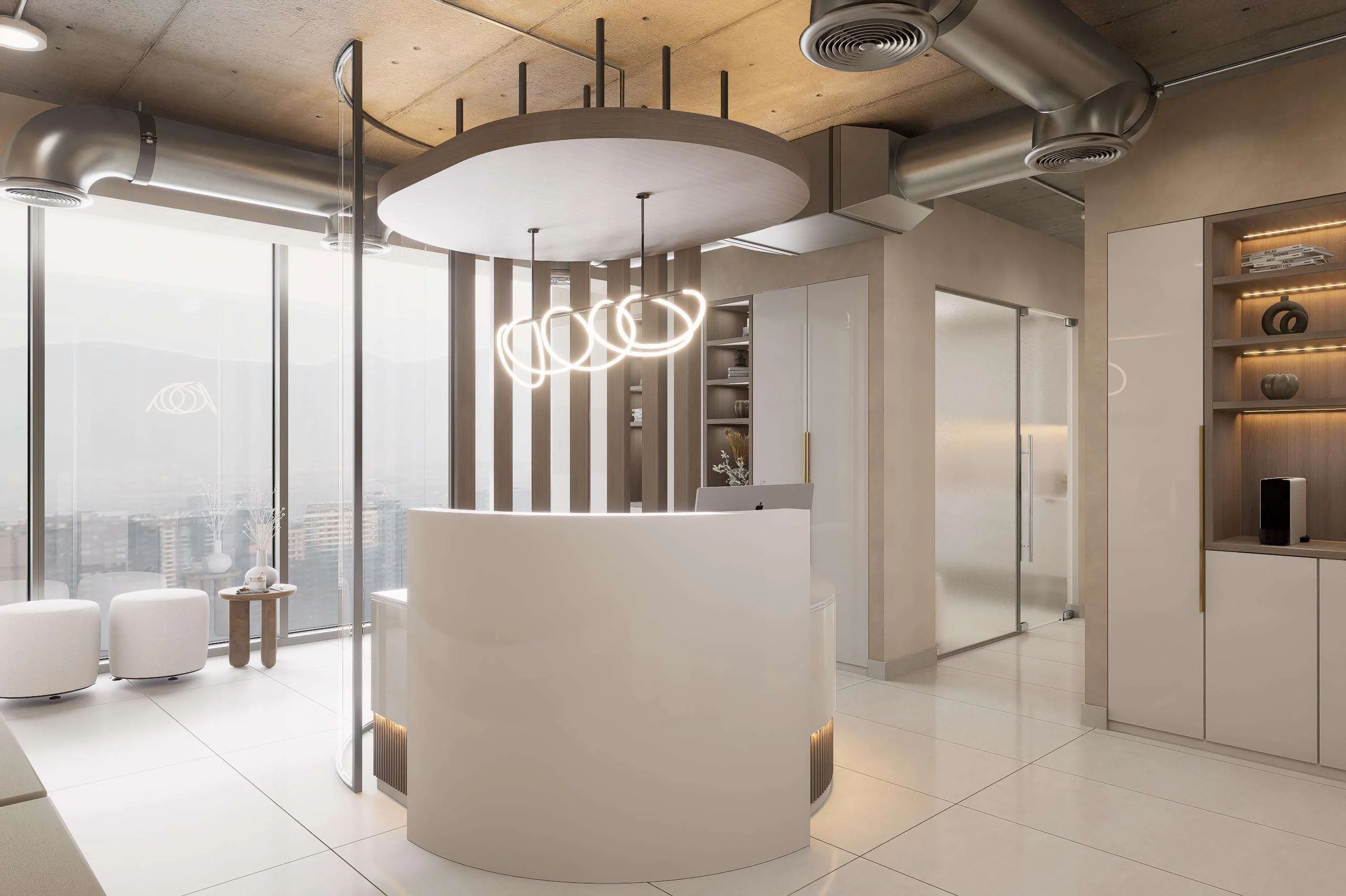 Recepción con celosías verticales y ventanal de la Clínica Dental/Estética en Santiago — Grupo Lecaros