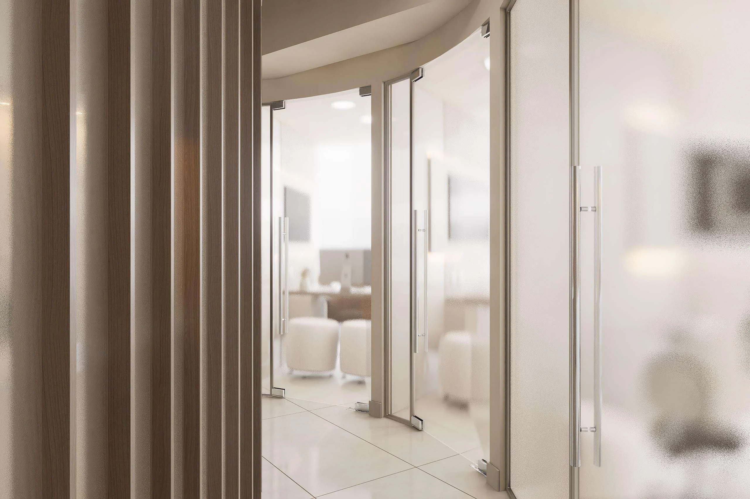 Recepción vista desde la circulación de la Clínica Dental/Estética en Santiago — Grupo Lecaros