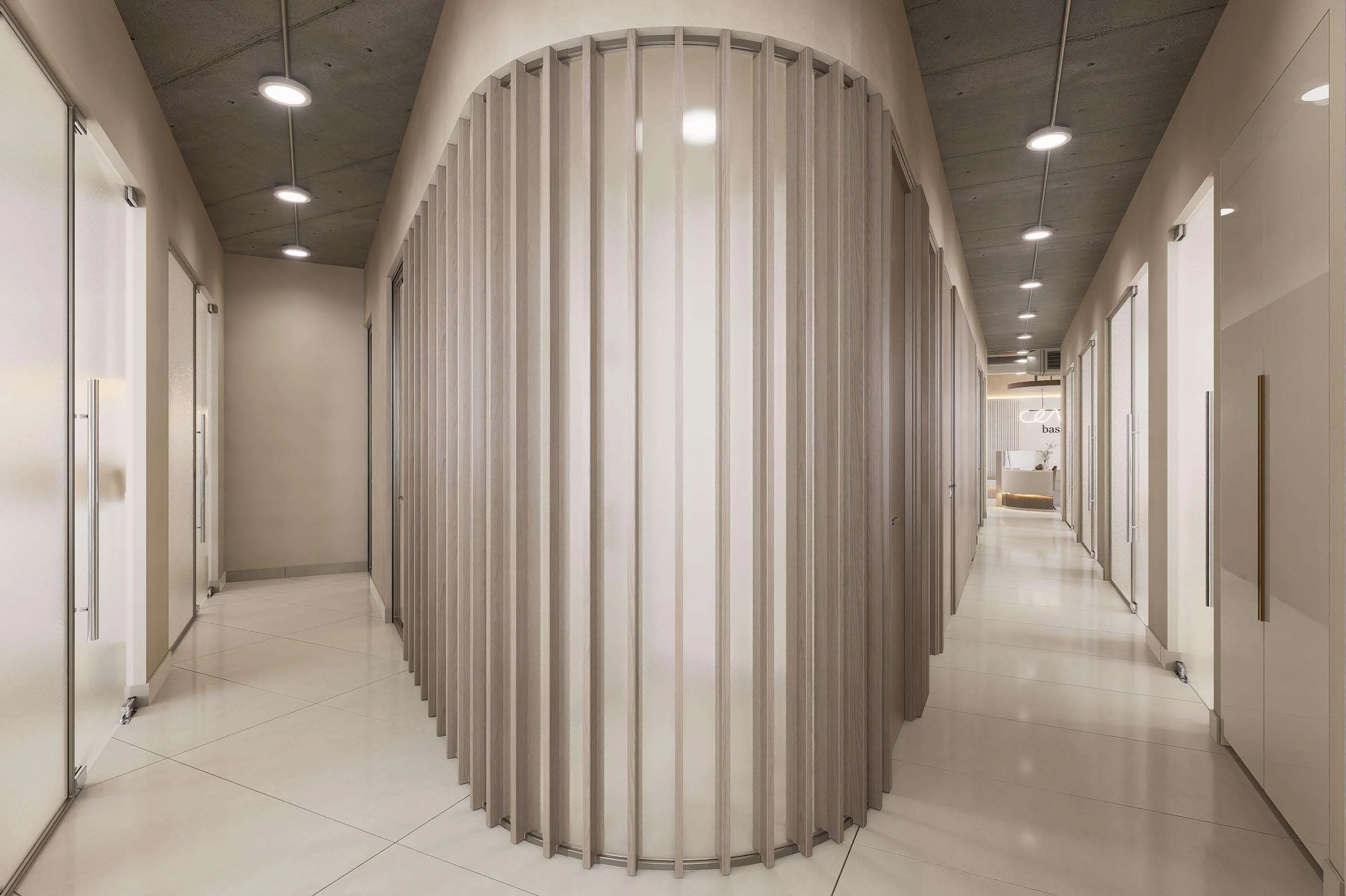 Circulación con celosía curva de la Clínica Dental/Estética en Santiago — Grupo Lecaros