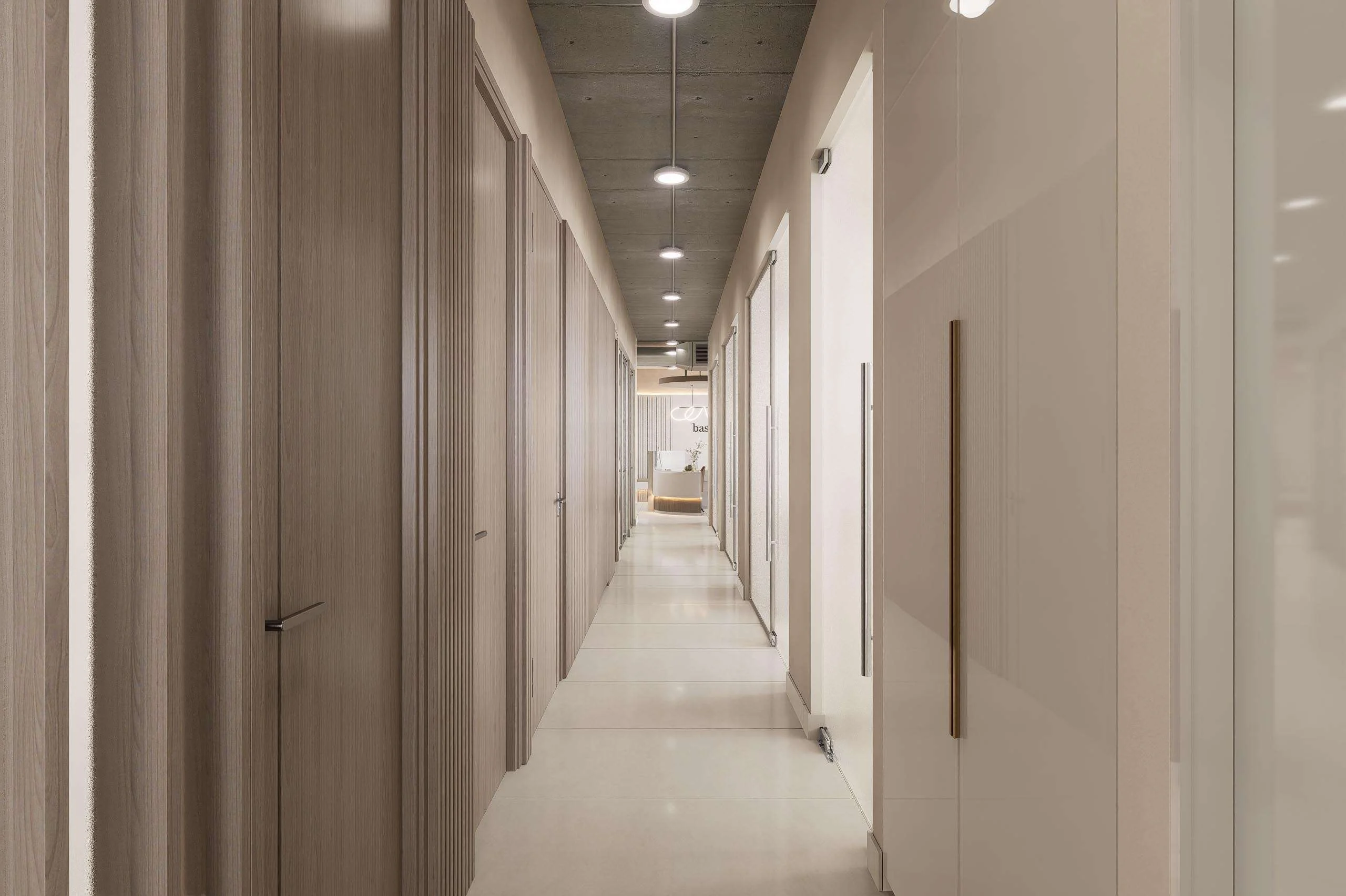 Circulación hacia los boxes con iluminación lineal de la Clínica Dental/Estética en Santiago — Grupo Lecaros
