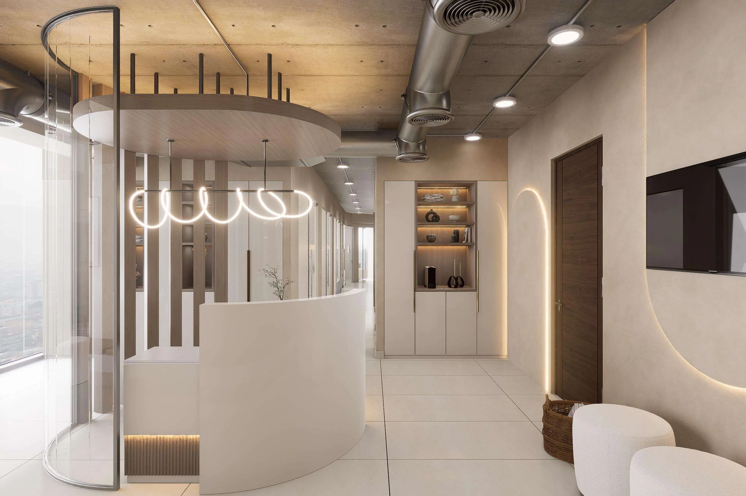 Circulación con cielo curvo de madera de la Clínica Dental/Estética en Santiago — Grupo Lecaros