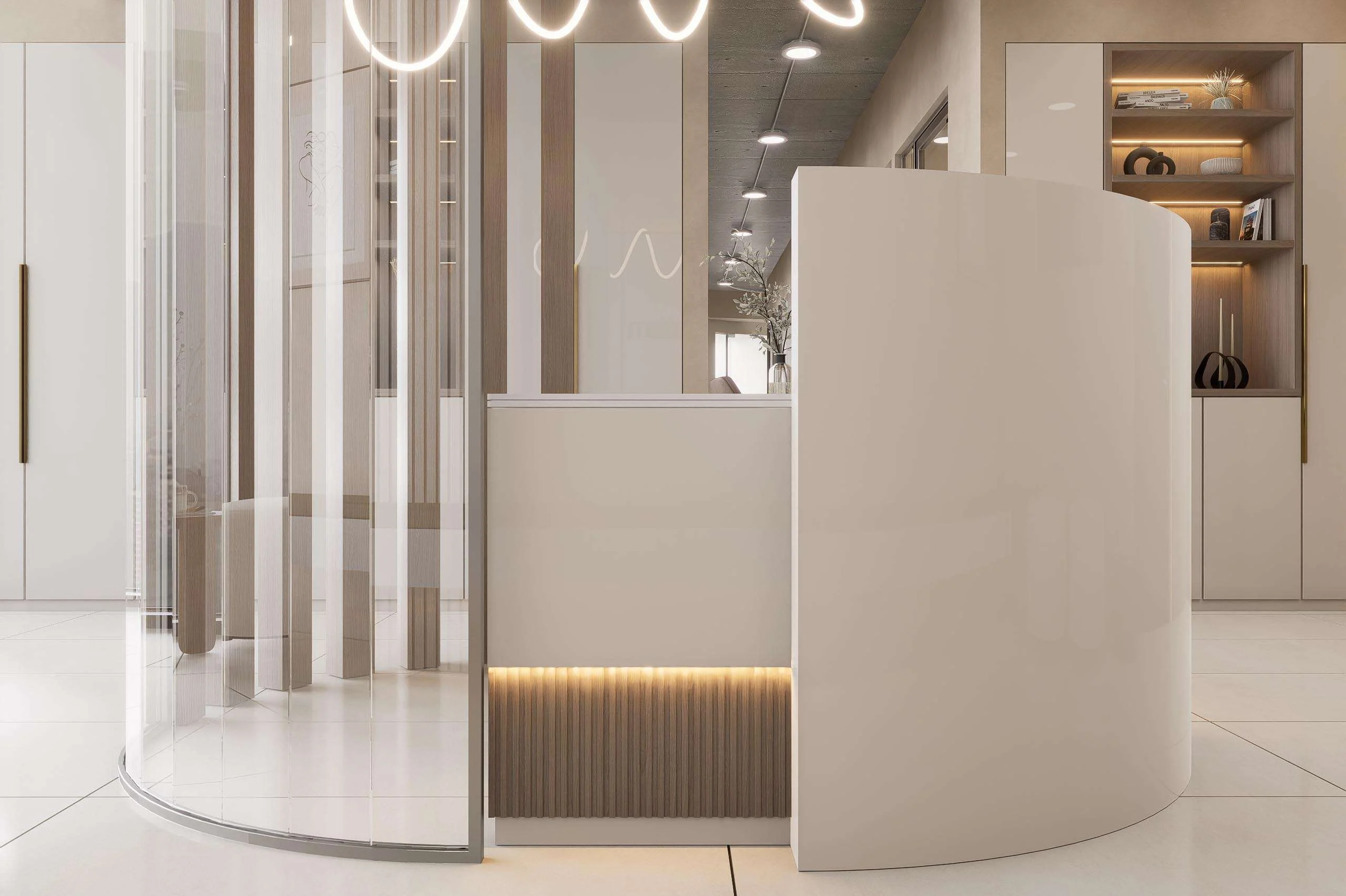 Recepción con celosías verticales de la Clínica Dental/Estética en Santiago — Grupo Lecaros