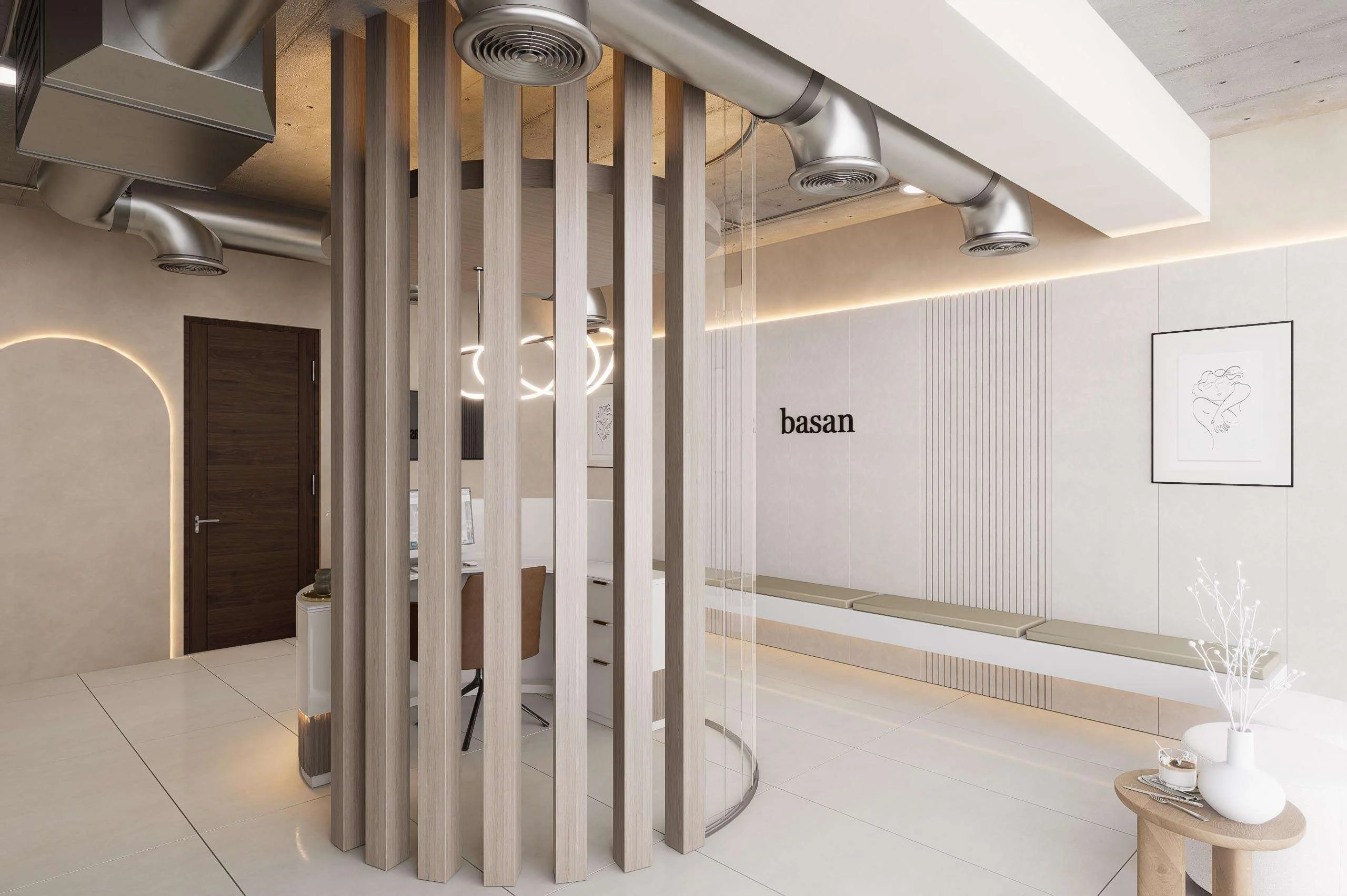 Recepción tras las celosías verticales de la Clínica Dental/Estética en Santiago — Grupo Lecaros