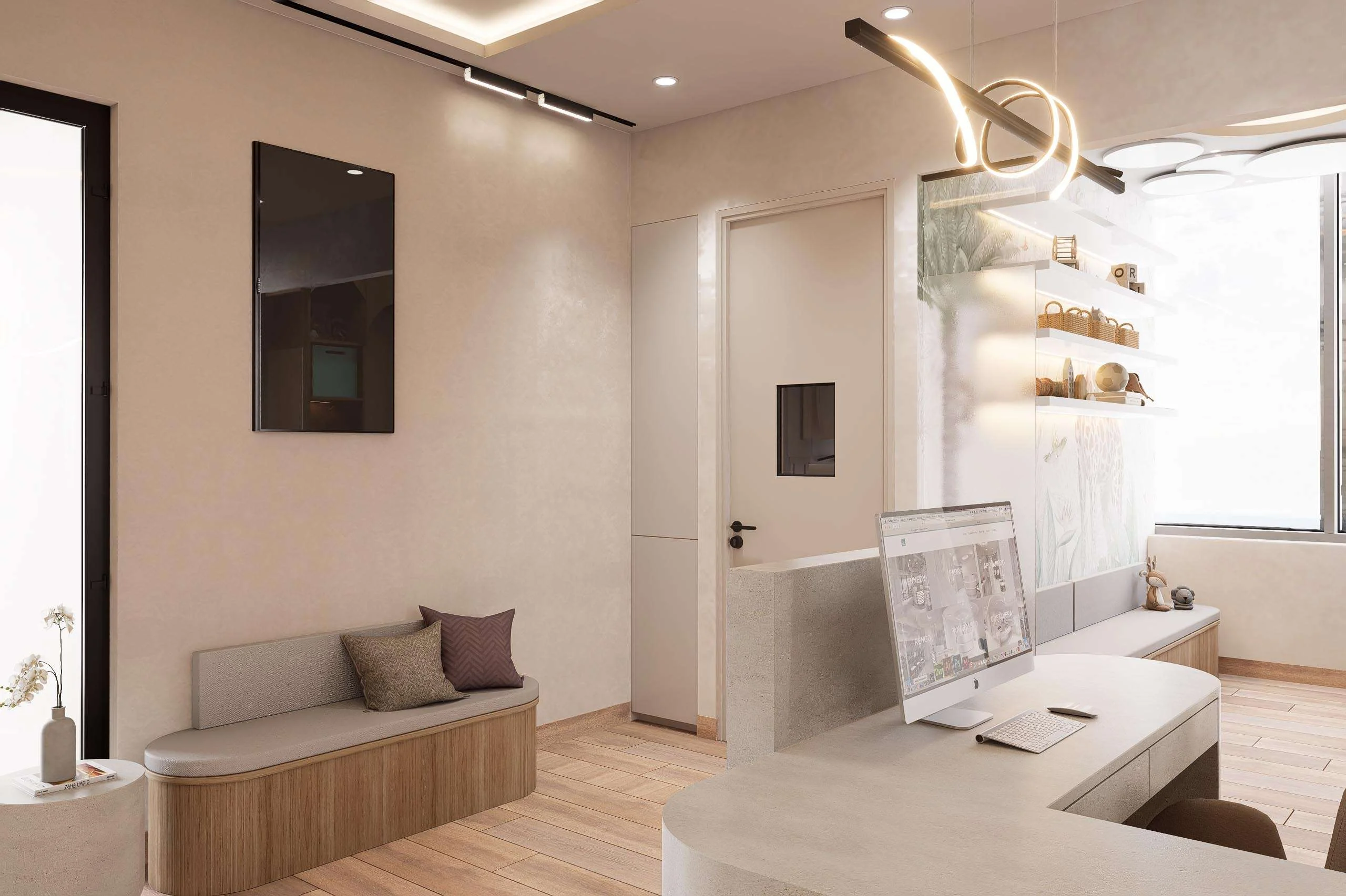 Sala de espera con cielo curvo iluminado de la Clínica Odontológica en Buenos Aires — Grupo Lecaros
