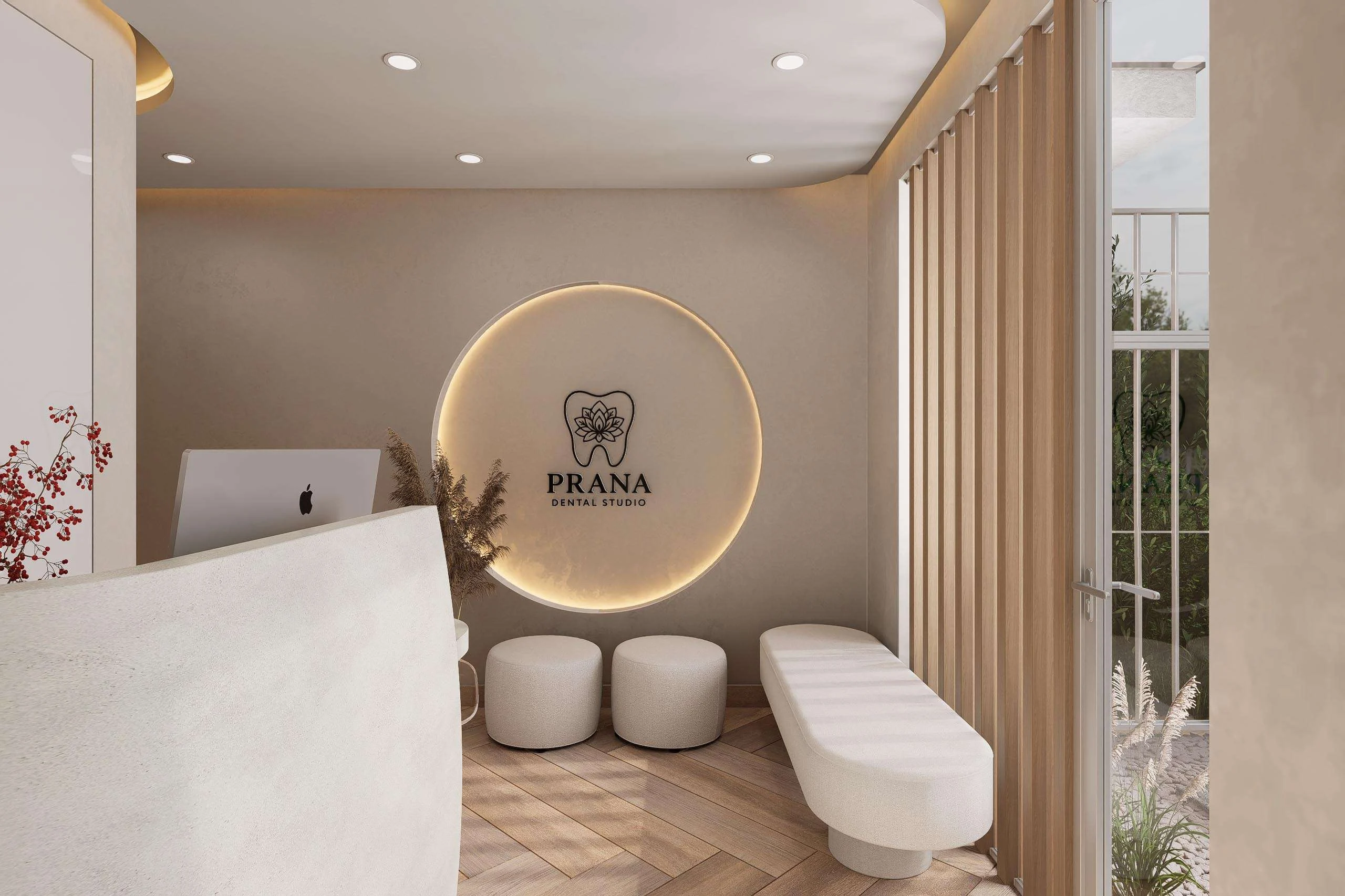Recepción y espera con halo de luz retroiluminado de la Clínica Odontológica en Calama — Grupo Lecaros