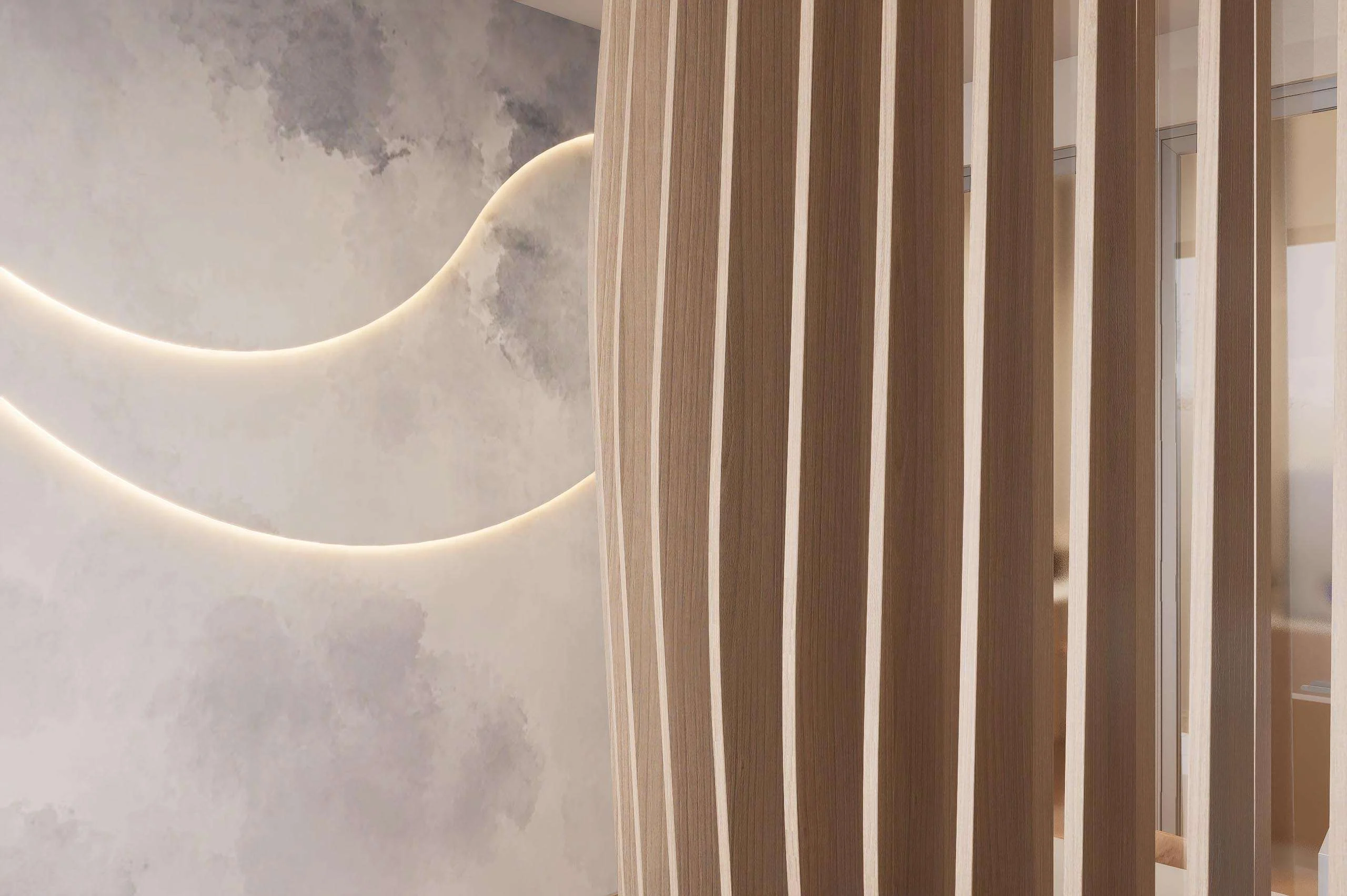 Detalle de la celosía curva de madera y la línea de luz sobre el mural de la Clínica Odontológica en Puchuncaví — Grupo Lecaros