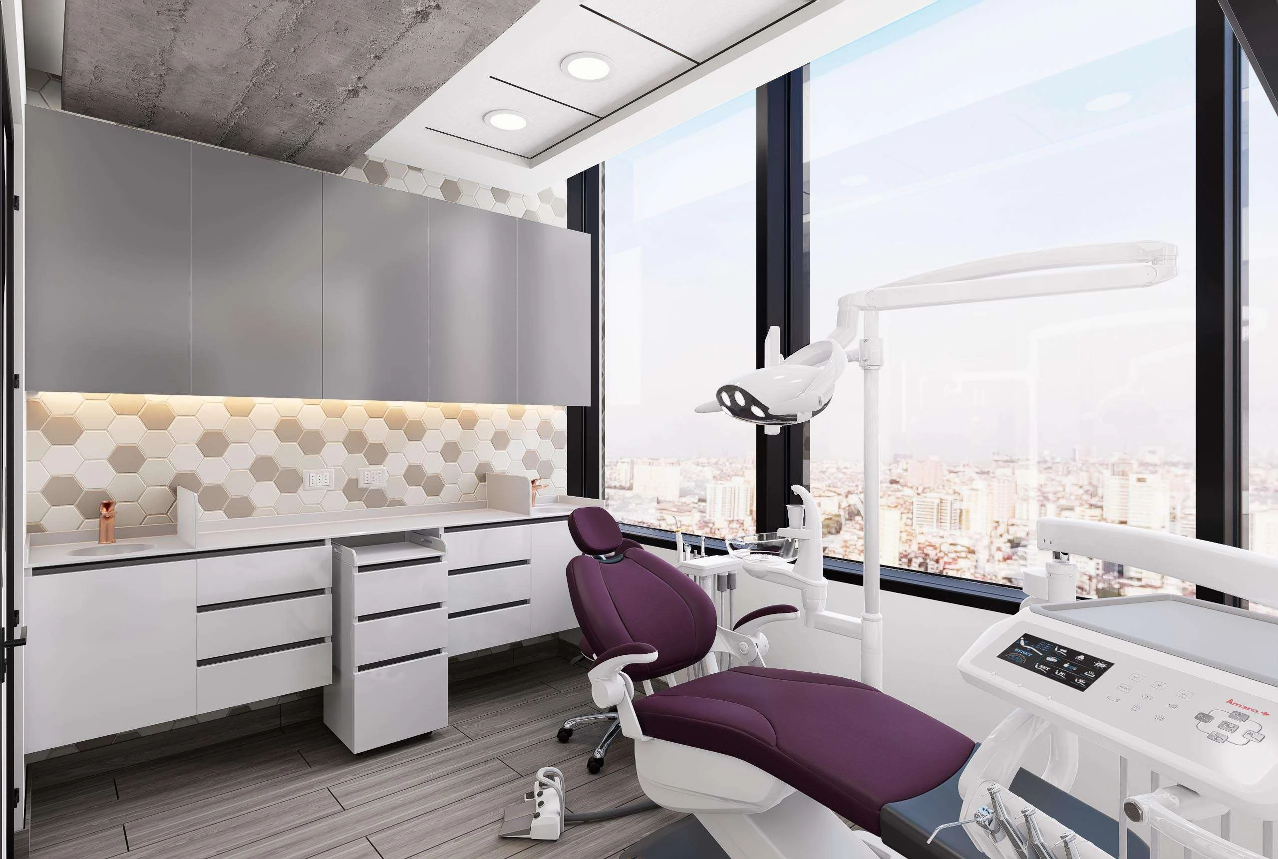 Box de atención con ventanal panorámico y revestimiento hexagonal de la Clínica Pediátrica en Santiago — Grupo Lecaros