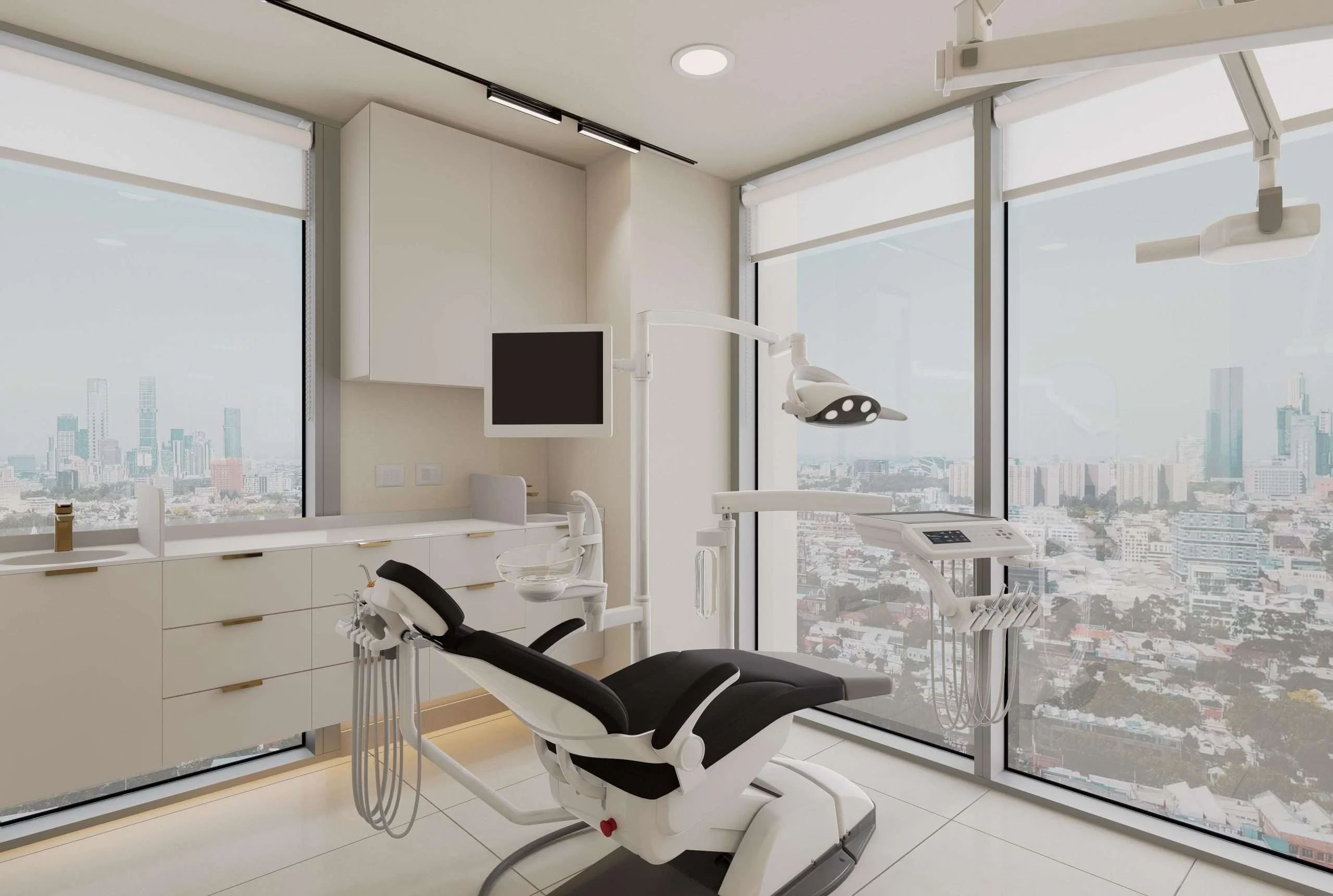 Box de atención con vista panorámica a la ciudad de la Clínica Maxilofacial en Santiago — Grupo Lecaros
