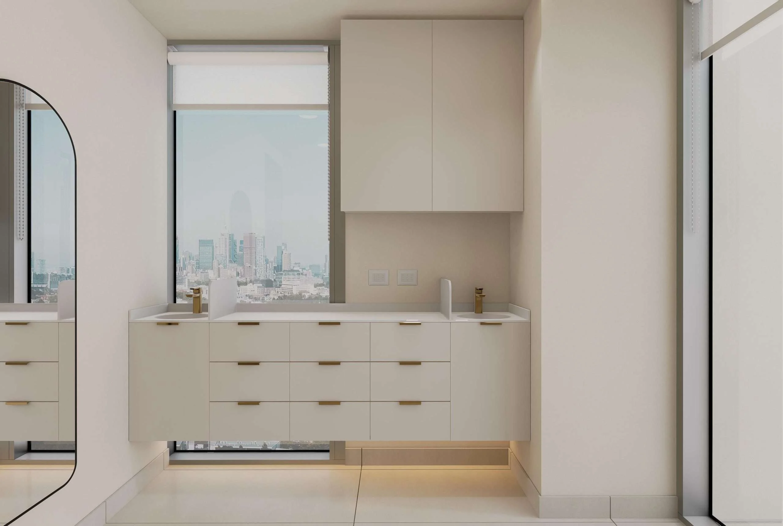 Mueble de apoyo con lavamanos y espejo junto al ventanal de la Clínica Maxilofacial en Santiago — Grupo Lecaros