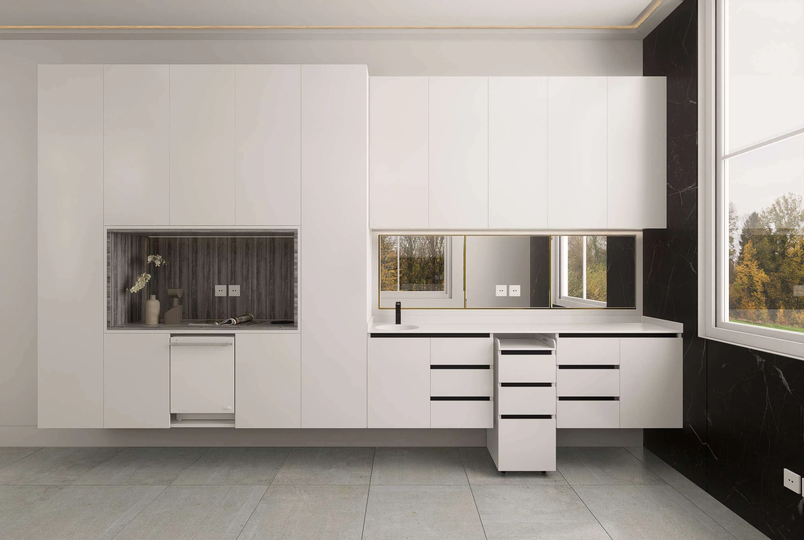 Mueble de box con lavamanos y espejos junto al ventanal de la Clínica Dental/Estética en Miami — Grupo Lecaros