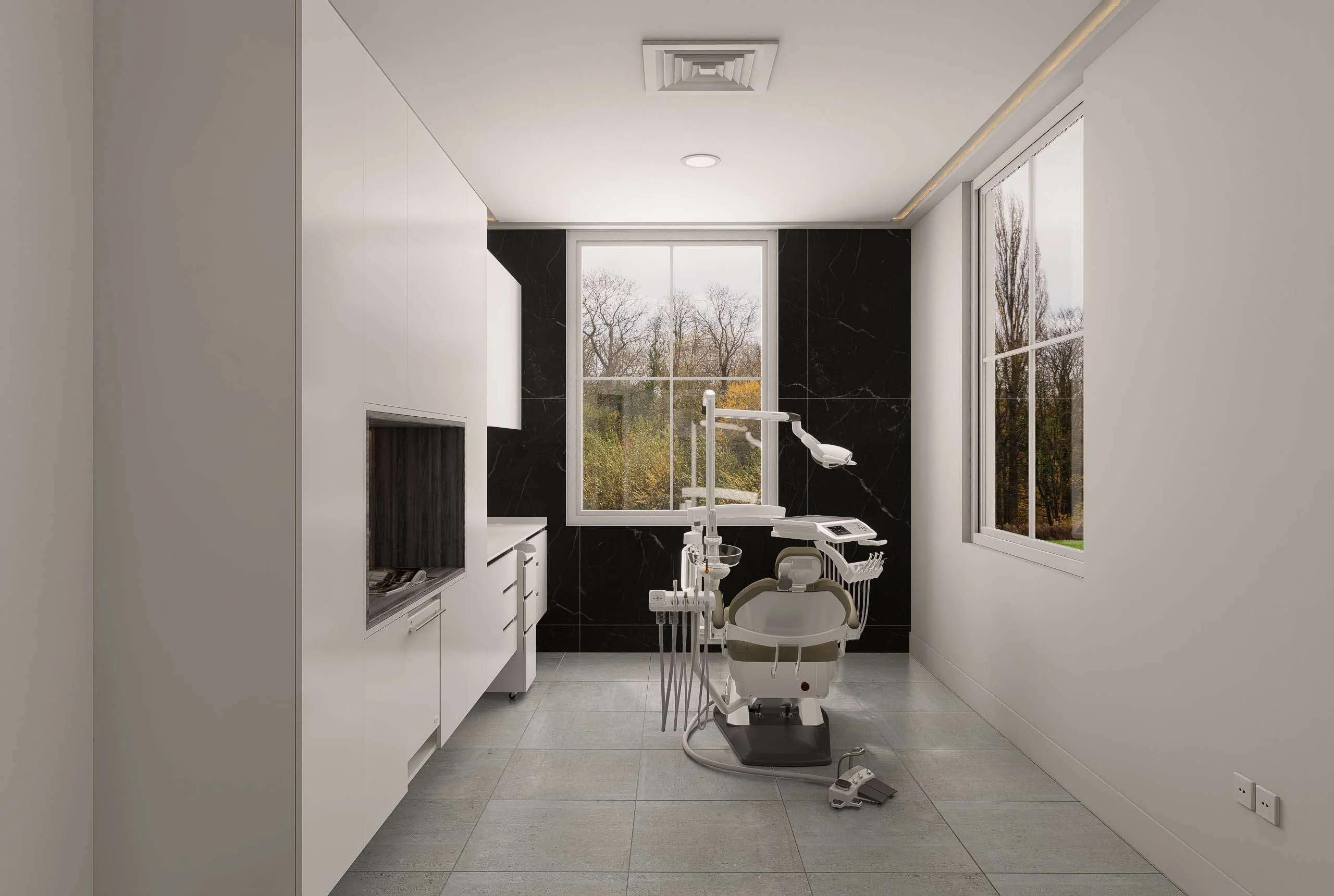 Box dental con muro de mármol negro y luz natural de la Clínica Dental/Estética en Miami — Grupo Lecaros