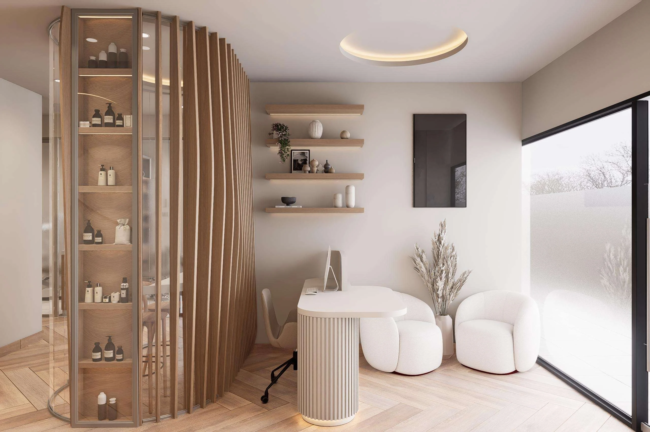 Sala de espera con vitrina iluminada y ventanal de la Clínica Odontológica en Puchuncaví — Grupo Lecaros