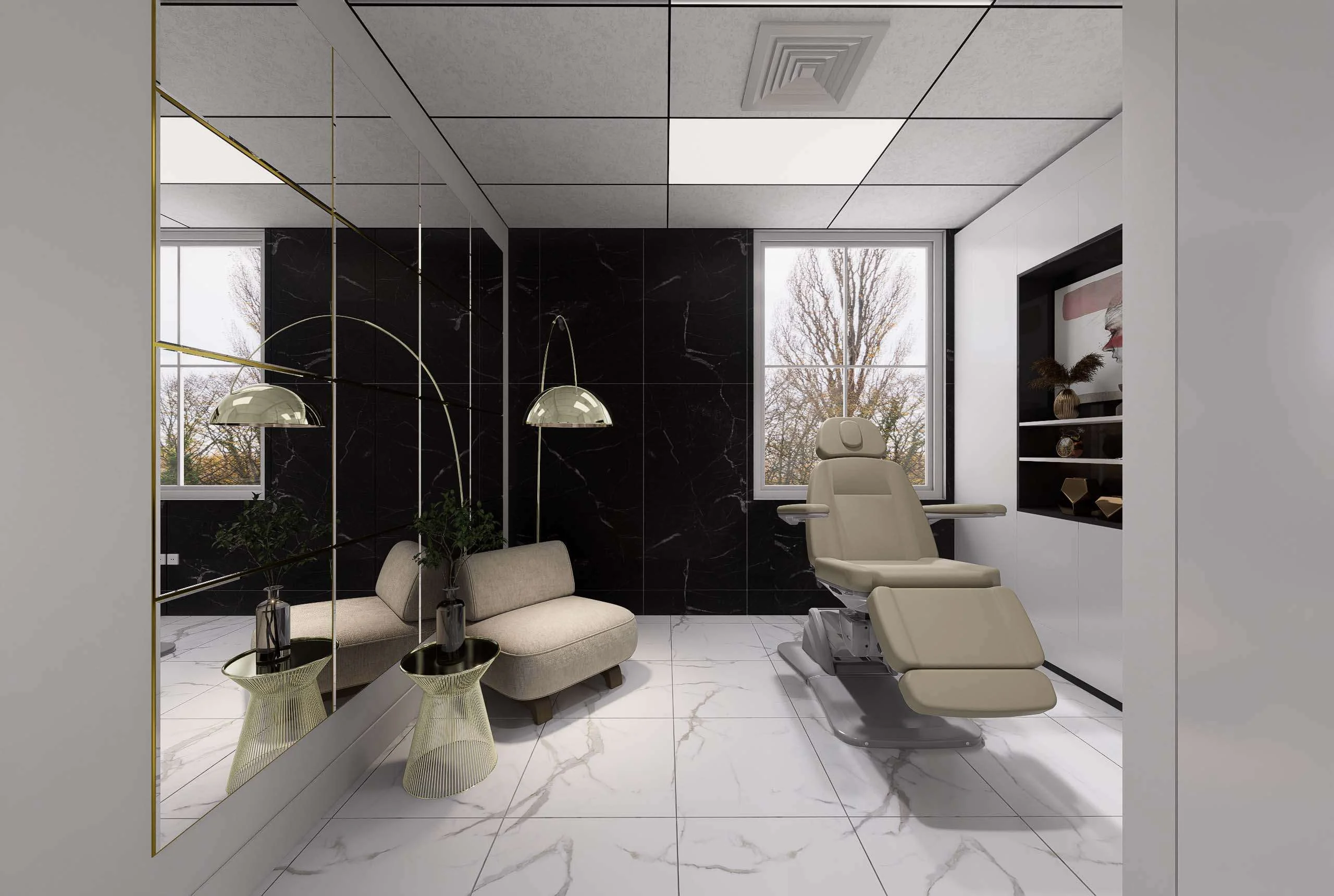 Sala de estética con sillón de tratamiento y sofá curvo de la Clínica Dental/Estética en Miami — Grupo Lecaros