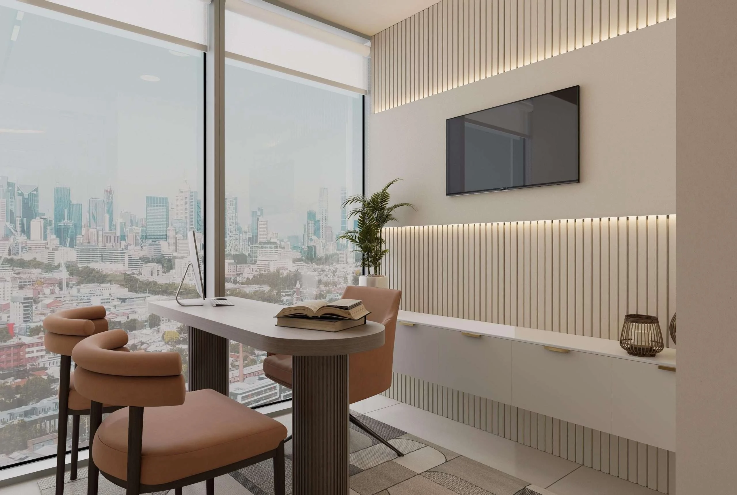 Sala de consulta con mueble bajo flotante y ventanal continuo de la Clínica Maxilofacial en Santiago — Grupo Lecaros