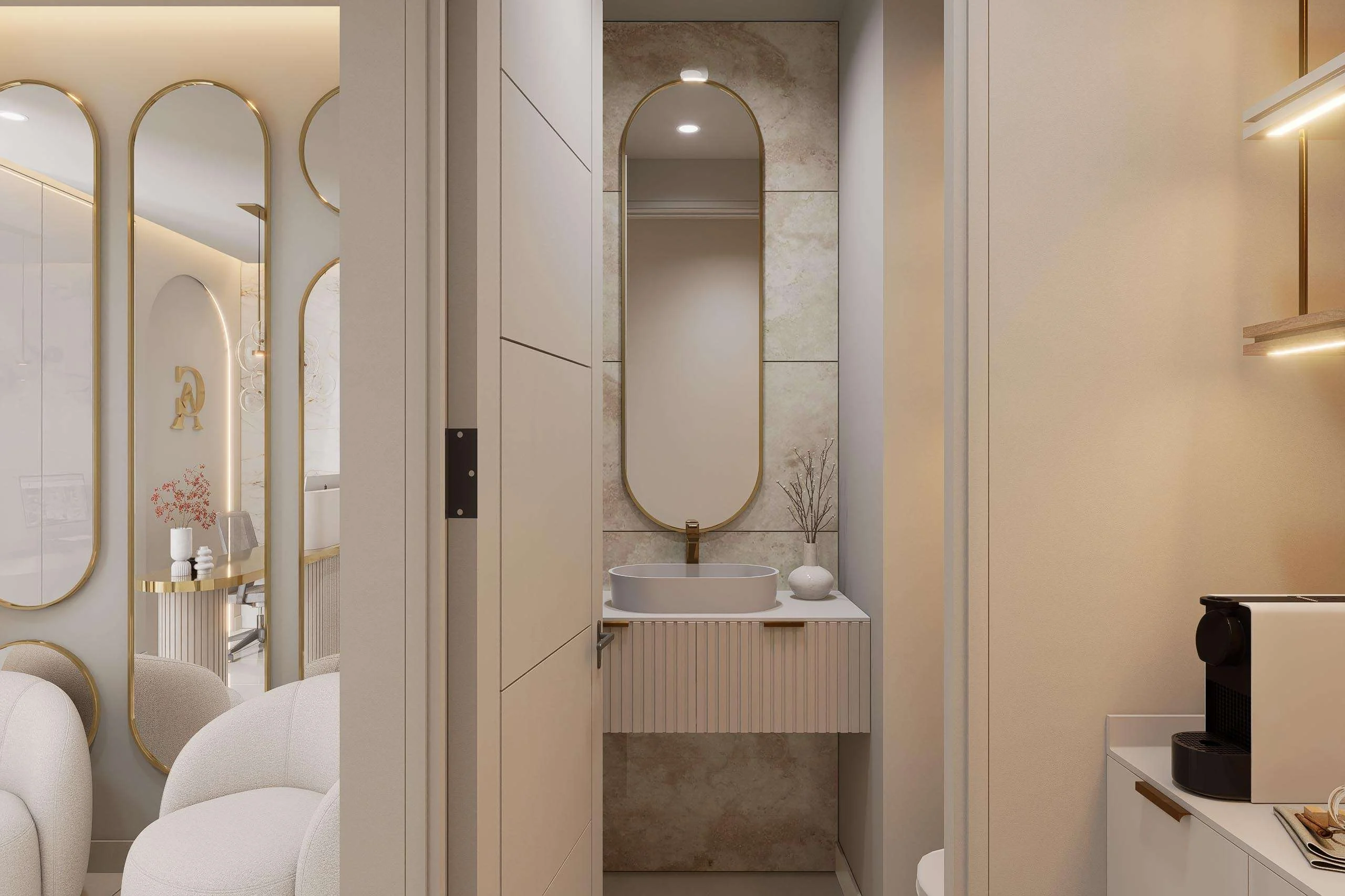 Baño con espejo arqueado y mueble acanalado de la Clínica Estética en Chicureo — Grupo Lecaros