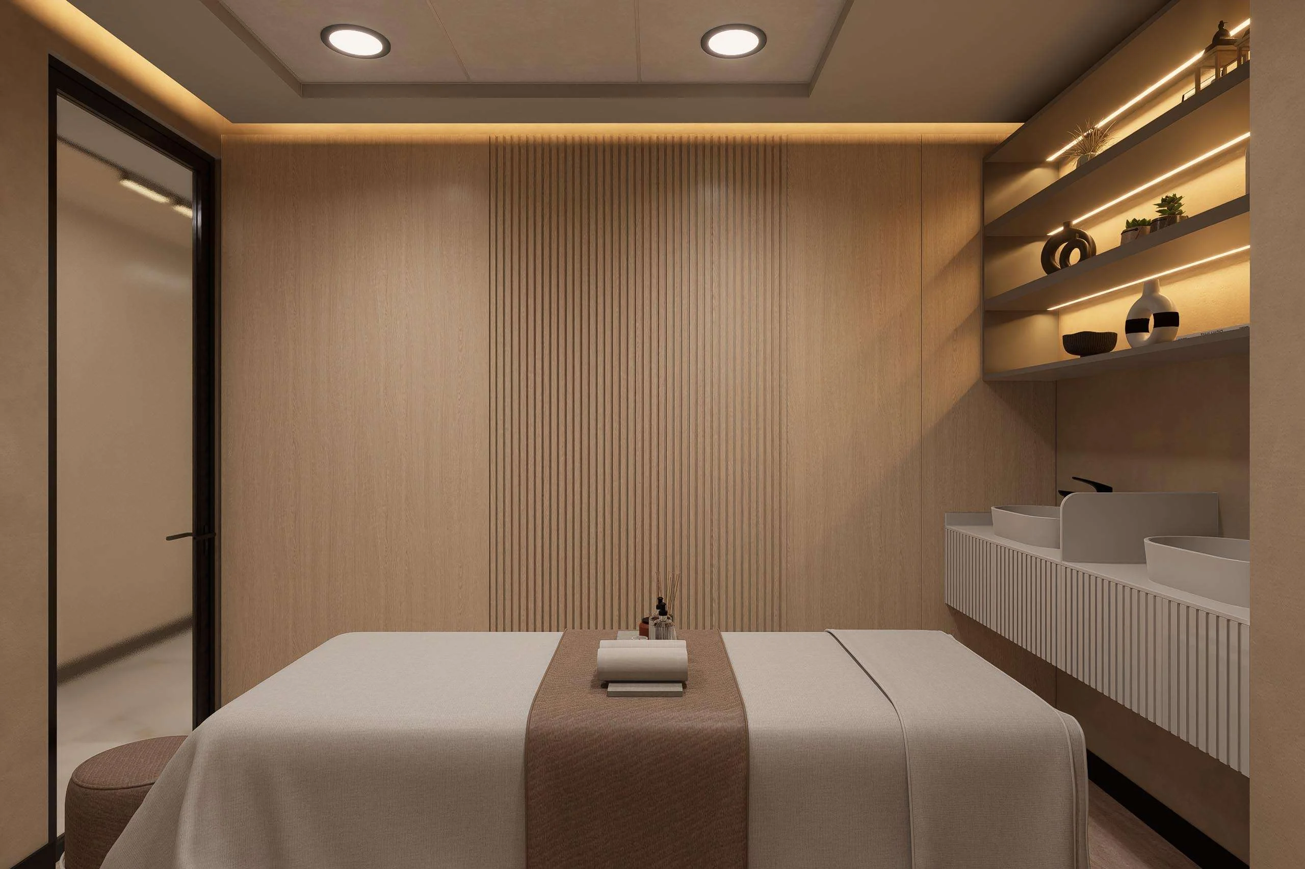 Zona de apoyo con repisas iluminadas y acanalado de madera de la Clínica Dermatología en Las Condes — Grupo Lecaros