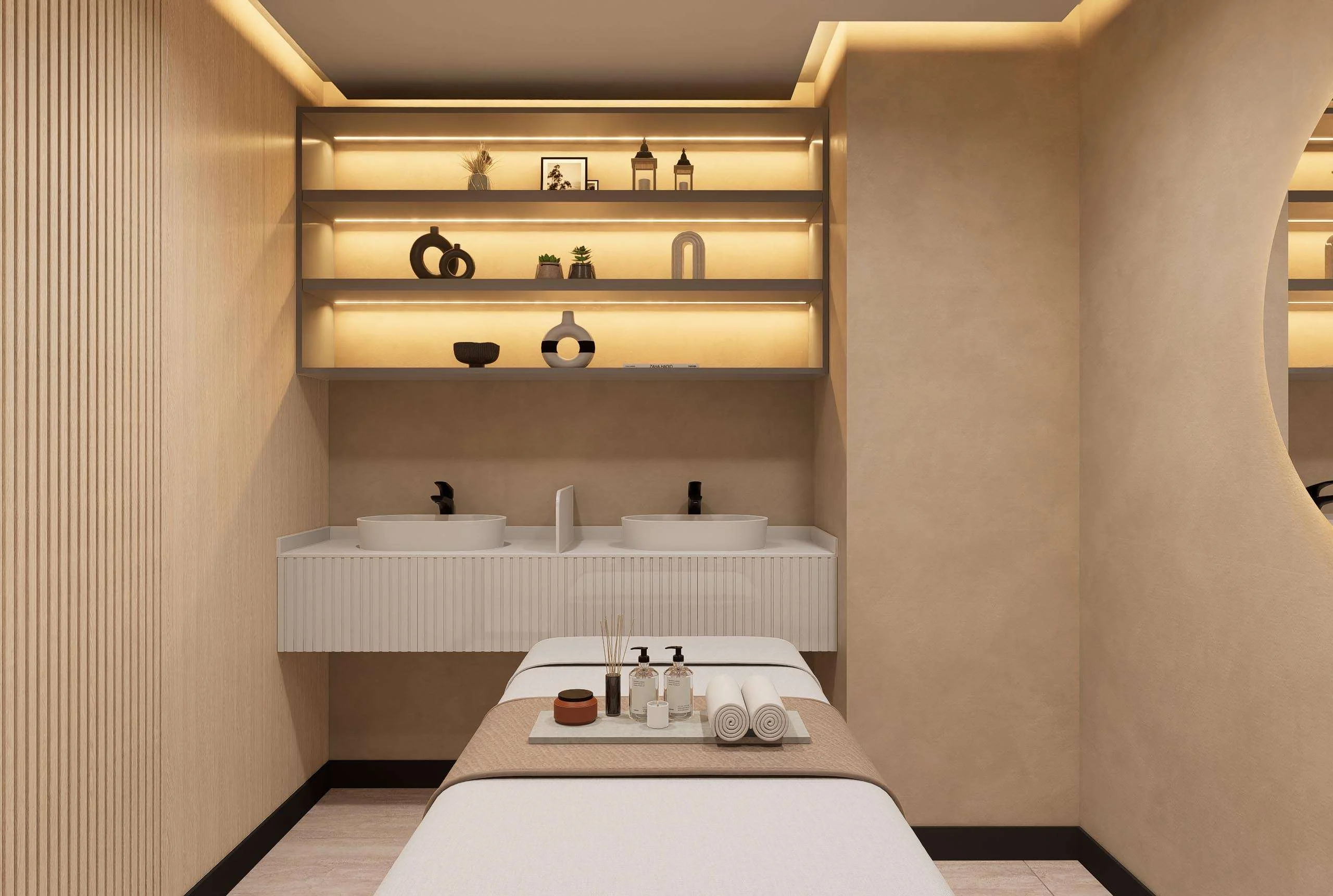 Sala de tratamiento con camilla y repisas retroiluminadas de la Clínica Dermatología en Las Condes — Grupo Lecaros