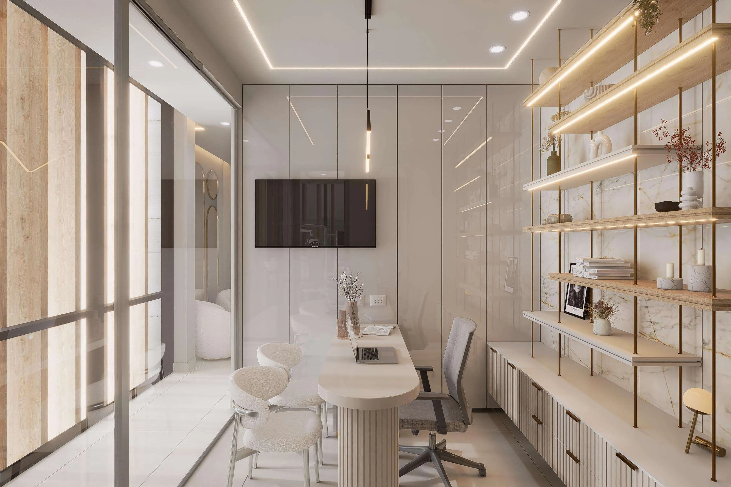 Sala de consulta con mesón continuo y estantería de latón de la Clínica Estética en Chicureo — Grupo Lecaros