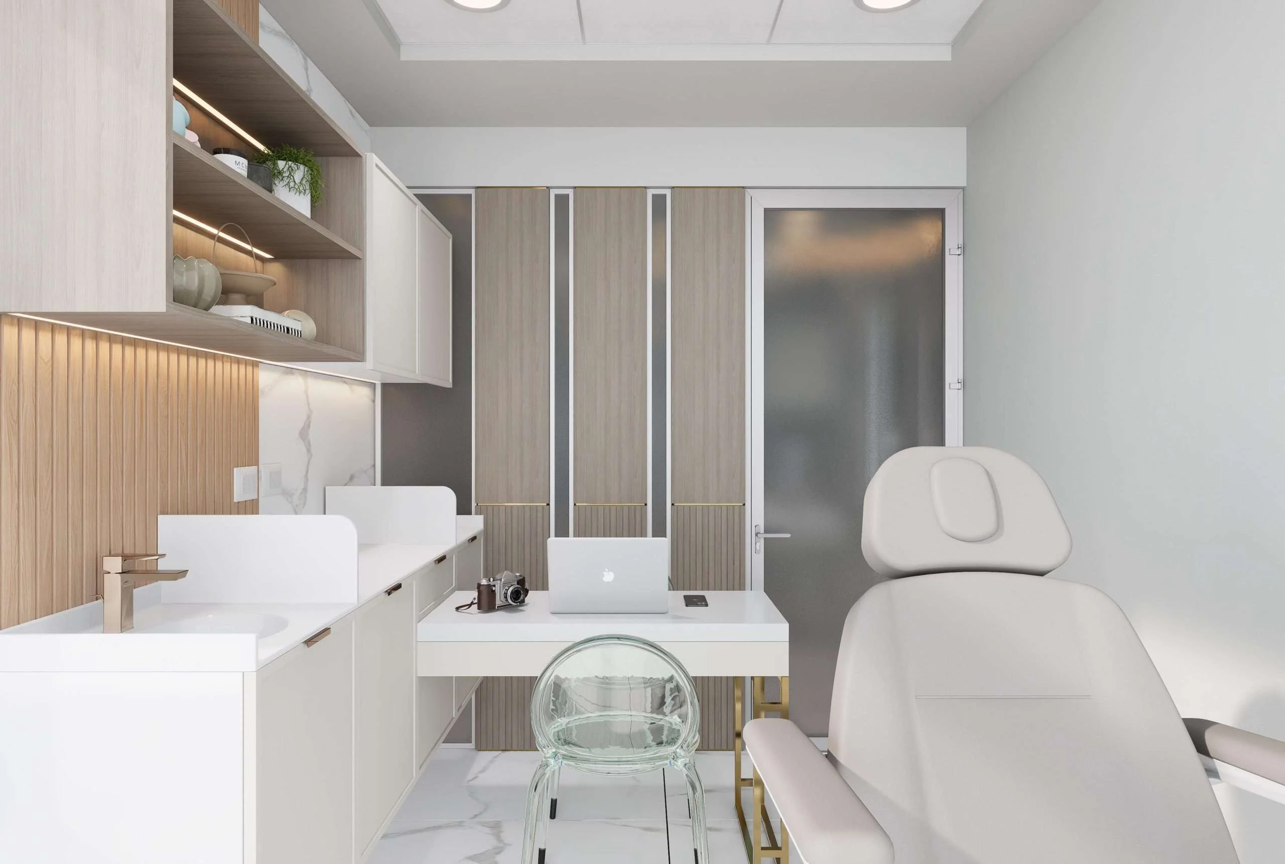 Box de tratamiento con lavamanos de mármol y mueble a medida de la Clínica Estética/Dermatológica en Santiago — Grupo Lecaros