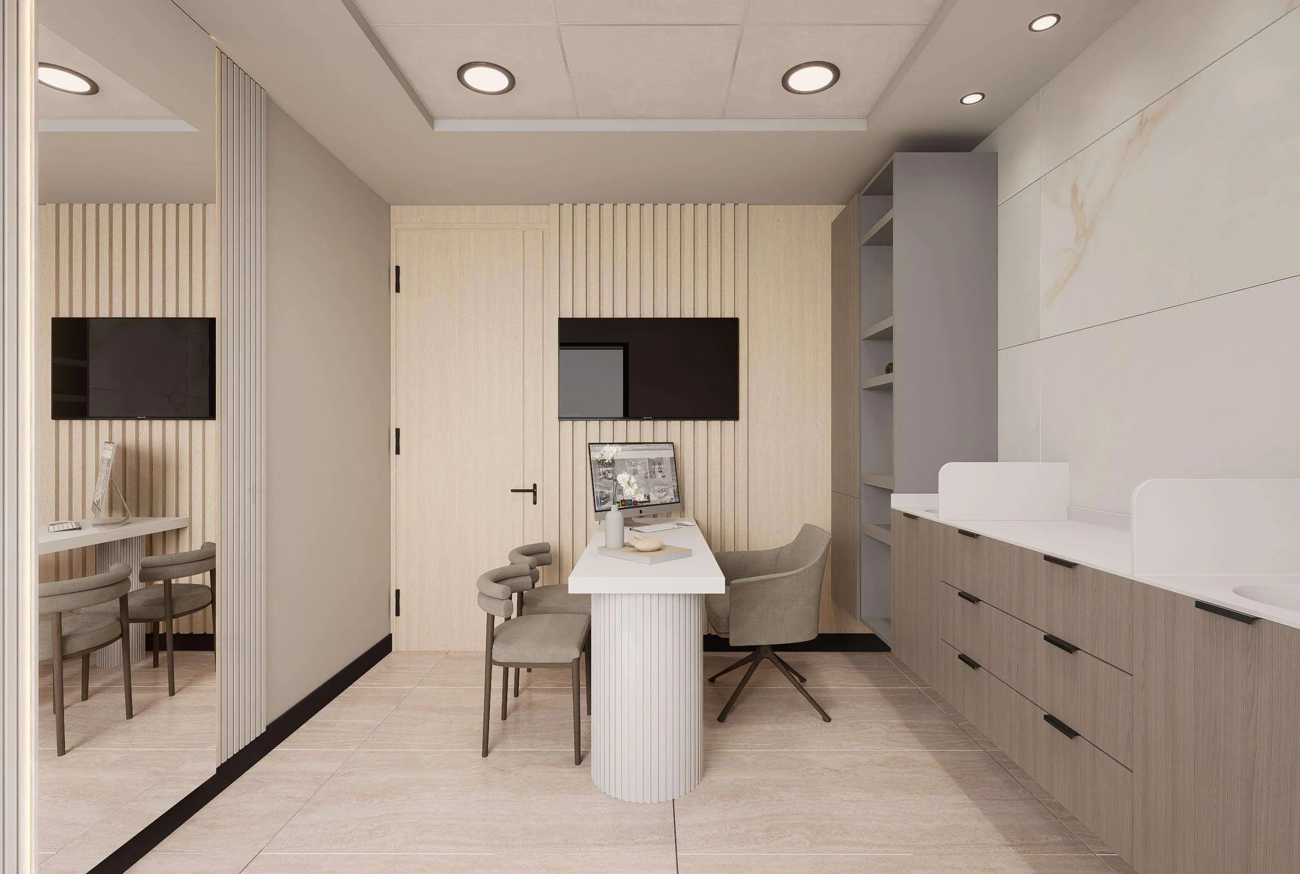 Consulta con escritorio curvo y mueble continuo de madera de la Clínica Dermatología en Las Condes — Grupo Lecaros