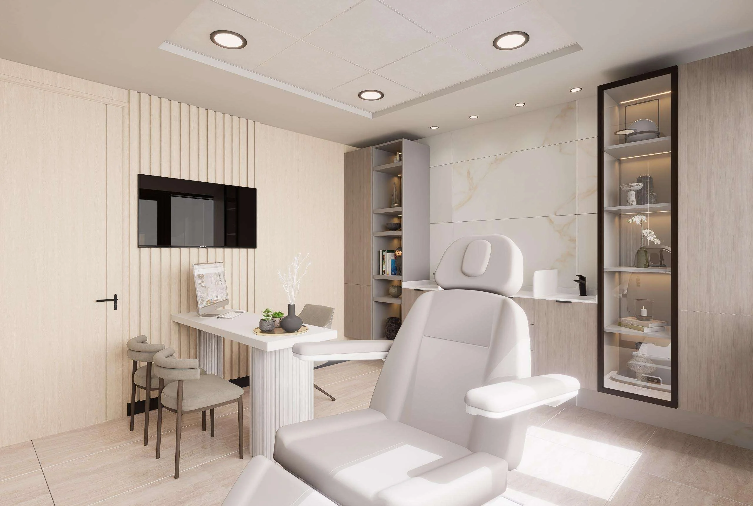 Box de tratamiento con sillón y escritorio junto al acanalado de la Clínica Dermatología en Las Condes — Grupo Lecaros