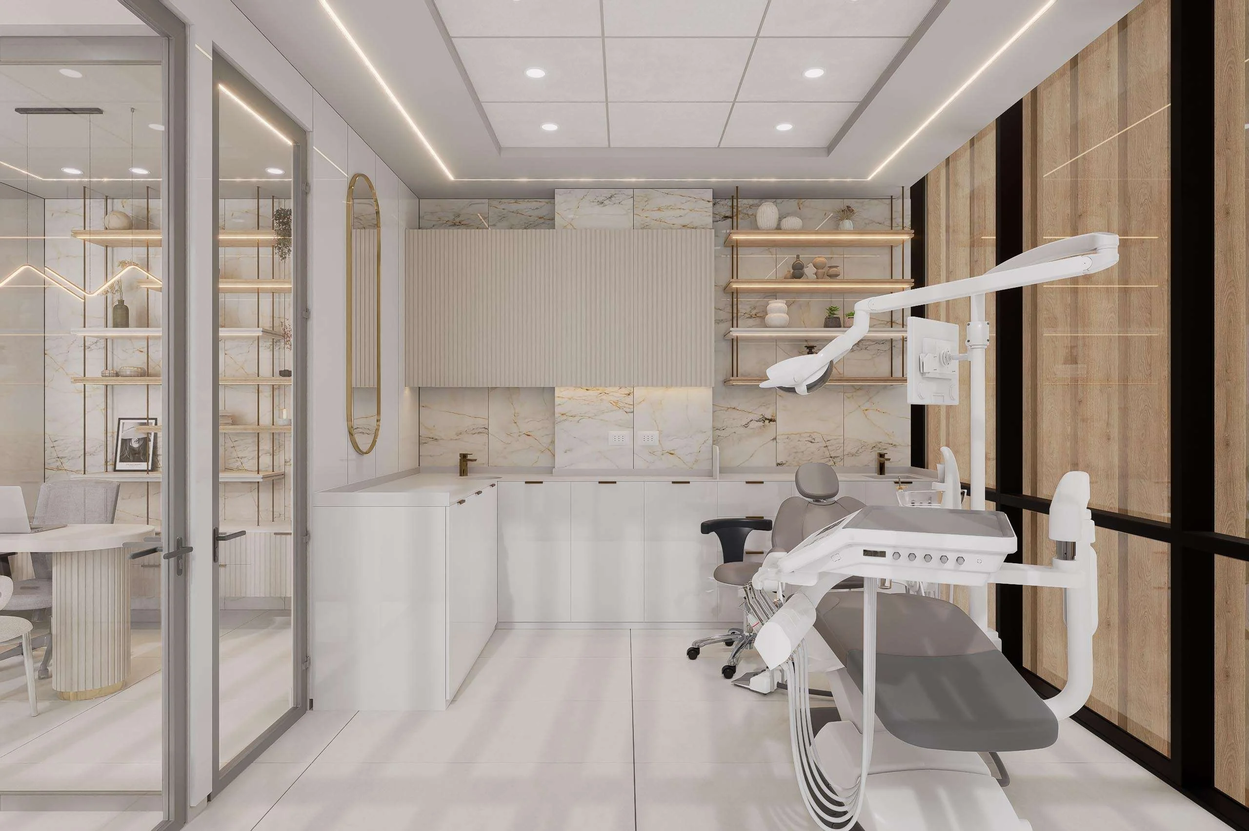 Box de tratamiento con sillón y mamparas de vidrio de la Clínica Estética en Chicureo — Grupo Lecaros