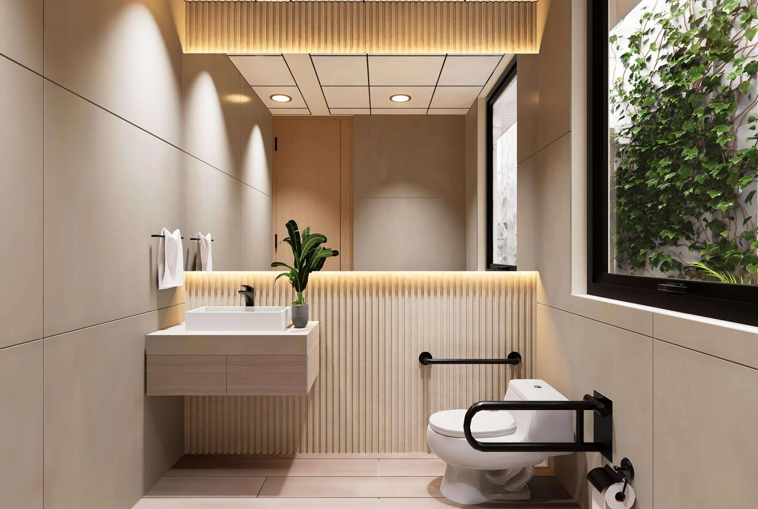 Baño con ventanal a jardín vertical de la Clínica de Medicina Integral en La Serena — Grupo Lecaros