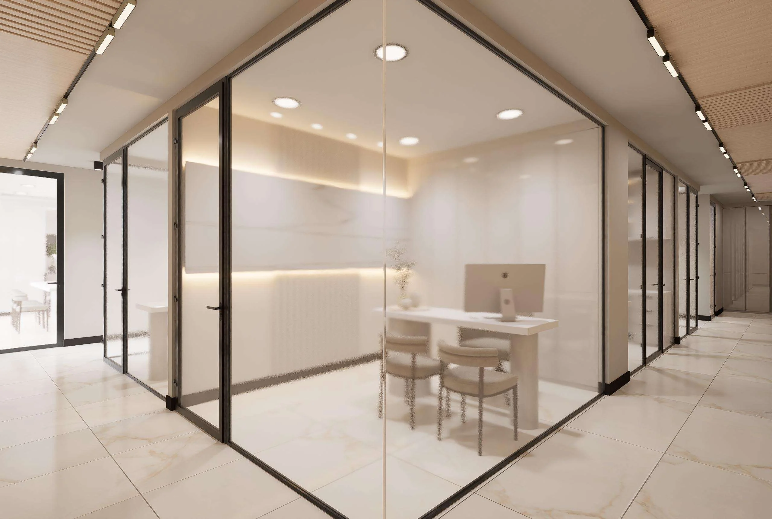 Circulación con sala acristalada de marco negro de la Clínica Dermatología en Las Condes — Grupo Lecaros