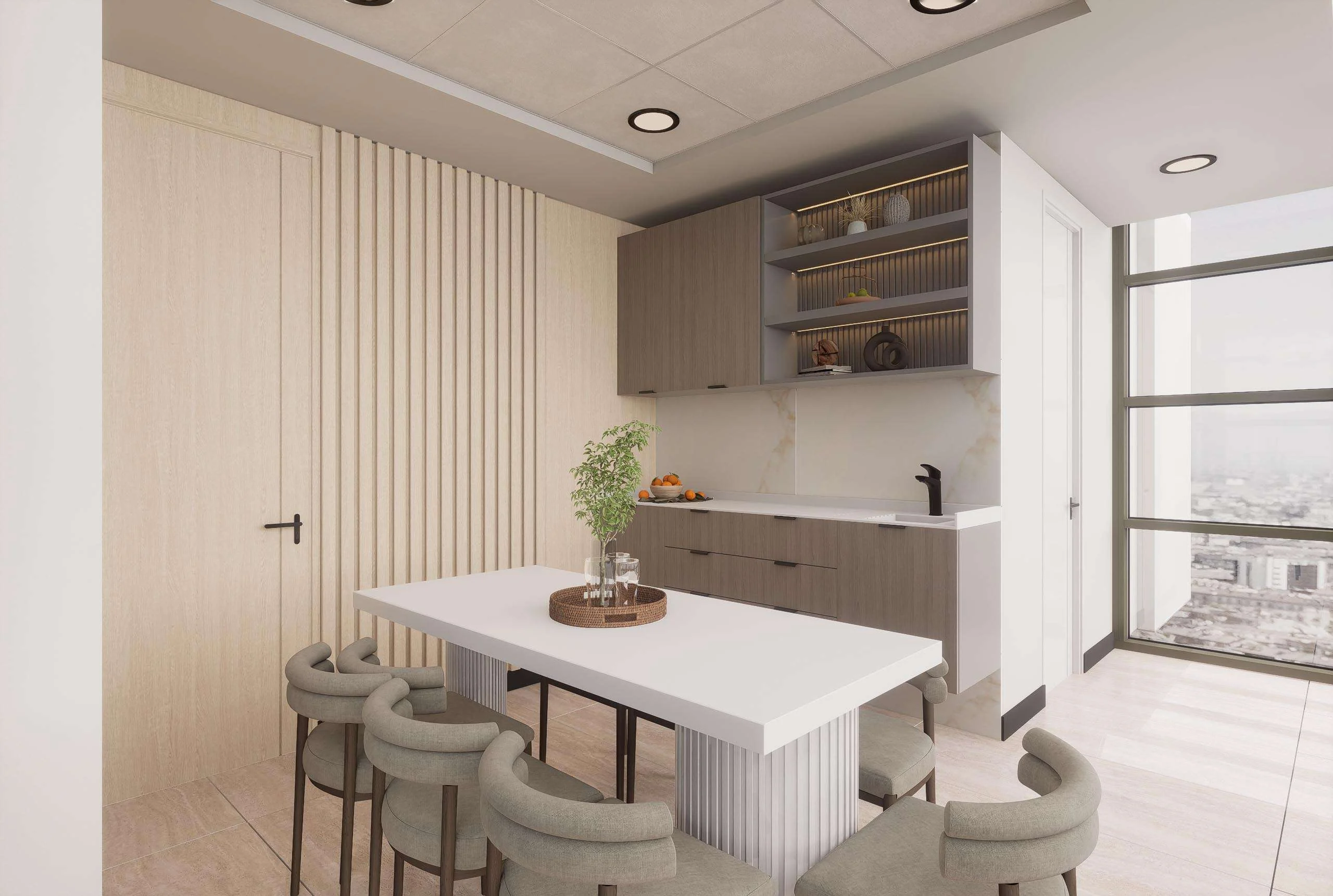 Office del equipo con mesa y ventanal con vista a la ciudad de la Clínica Dermatología en Las Condes — Grupo Lecaros