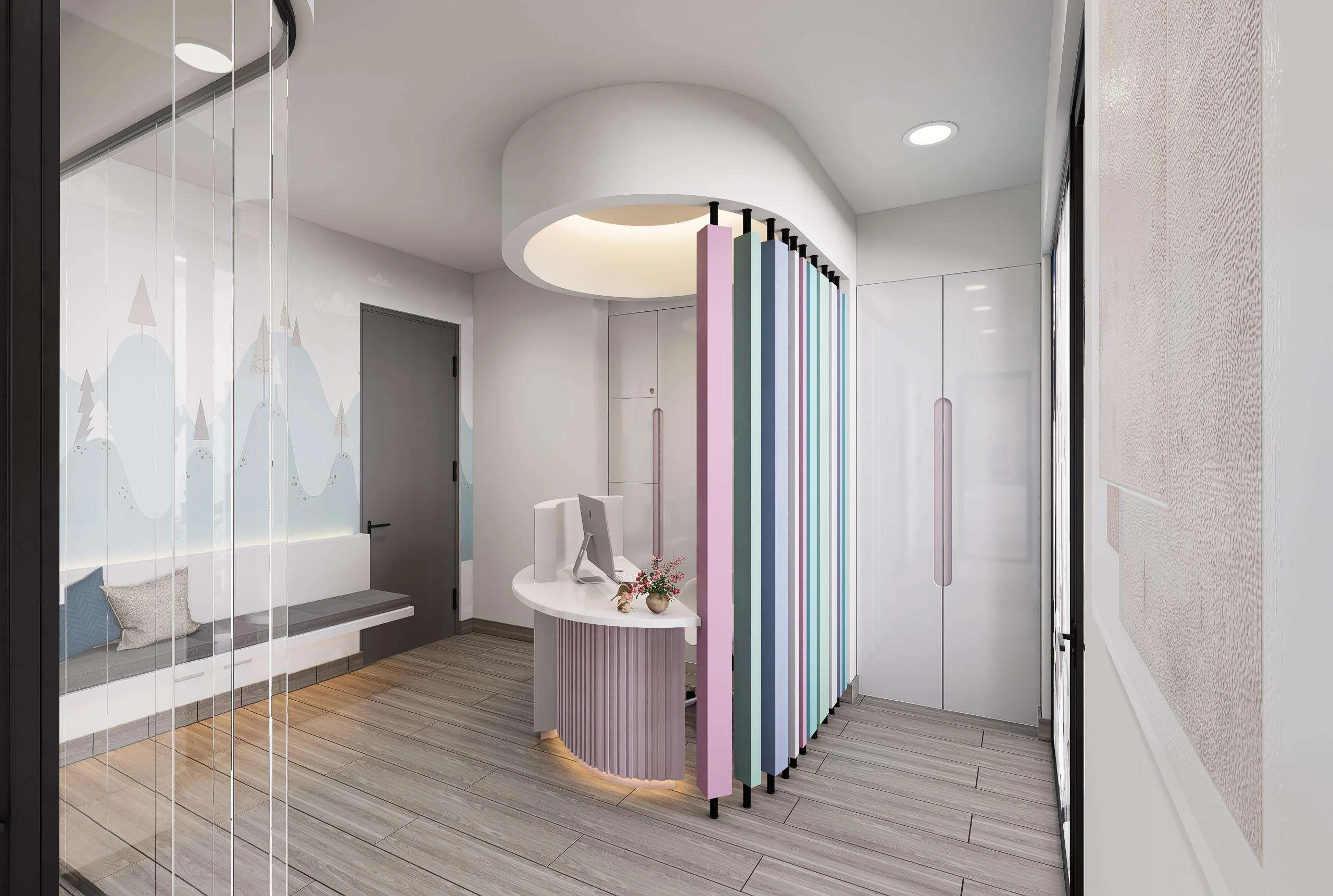 Recepción y sala de espera vista general de la Clínica Pediátrica en Santiago — Grupo Lecaros