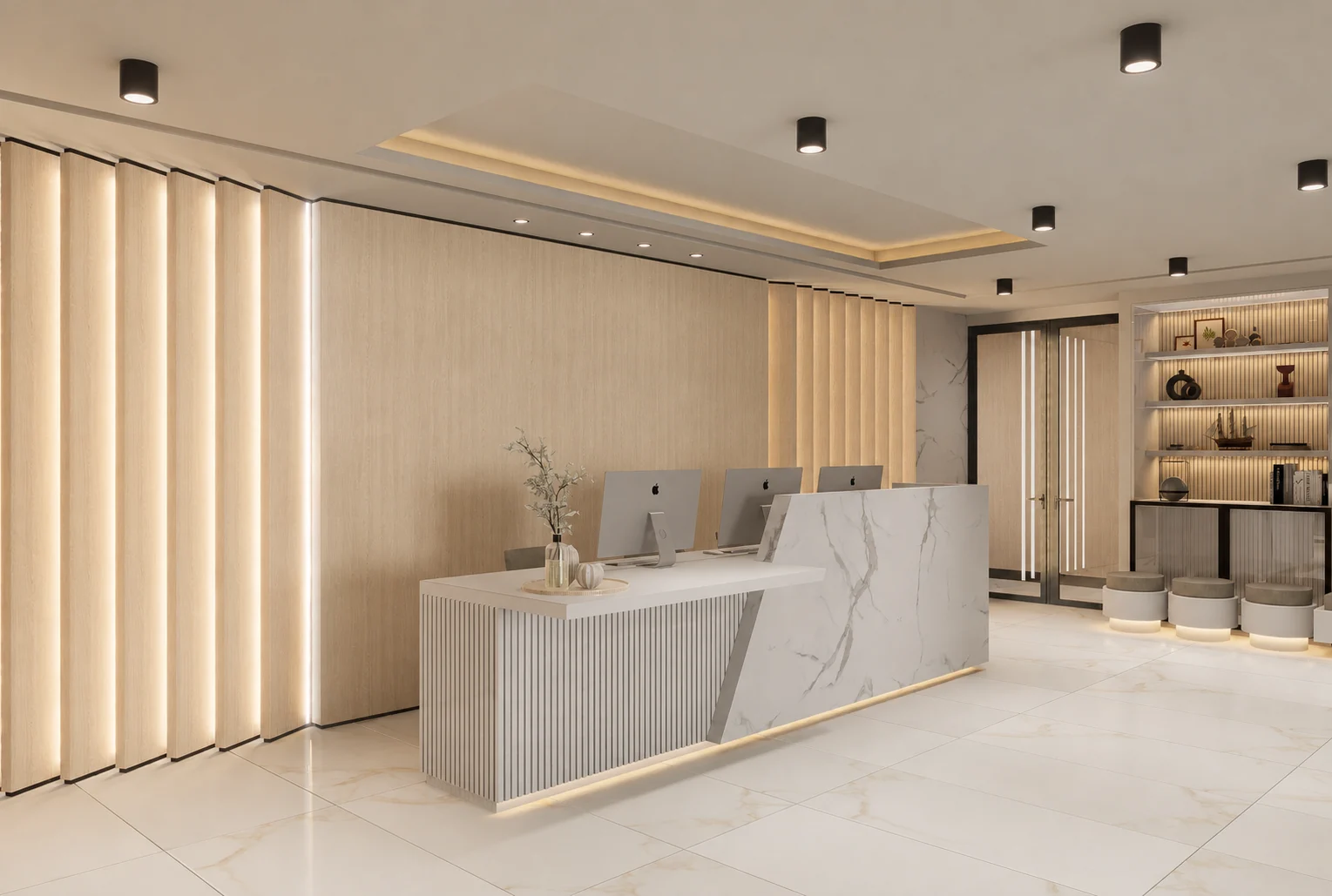Recepción con mesón de mármol y muro acanalado retroiluminado de la Clínica Dermatología en Las Condes — Grupo Lecaros