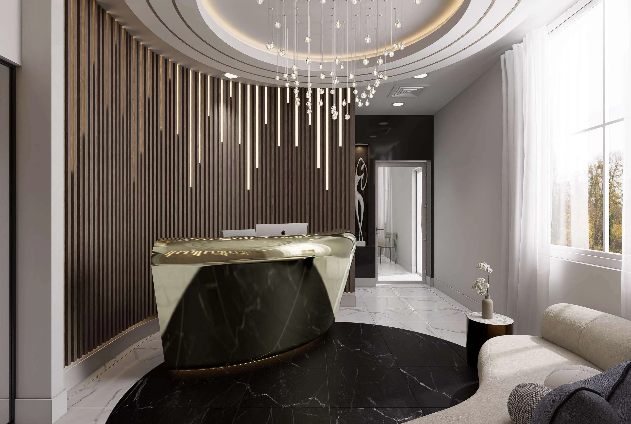 Recepción con mesón de mármol negro y lámpara de cristal de la Clínica Dental/Estética en Miami — Grupo Lecaros