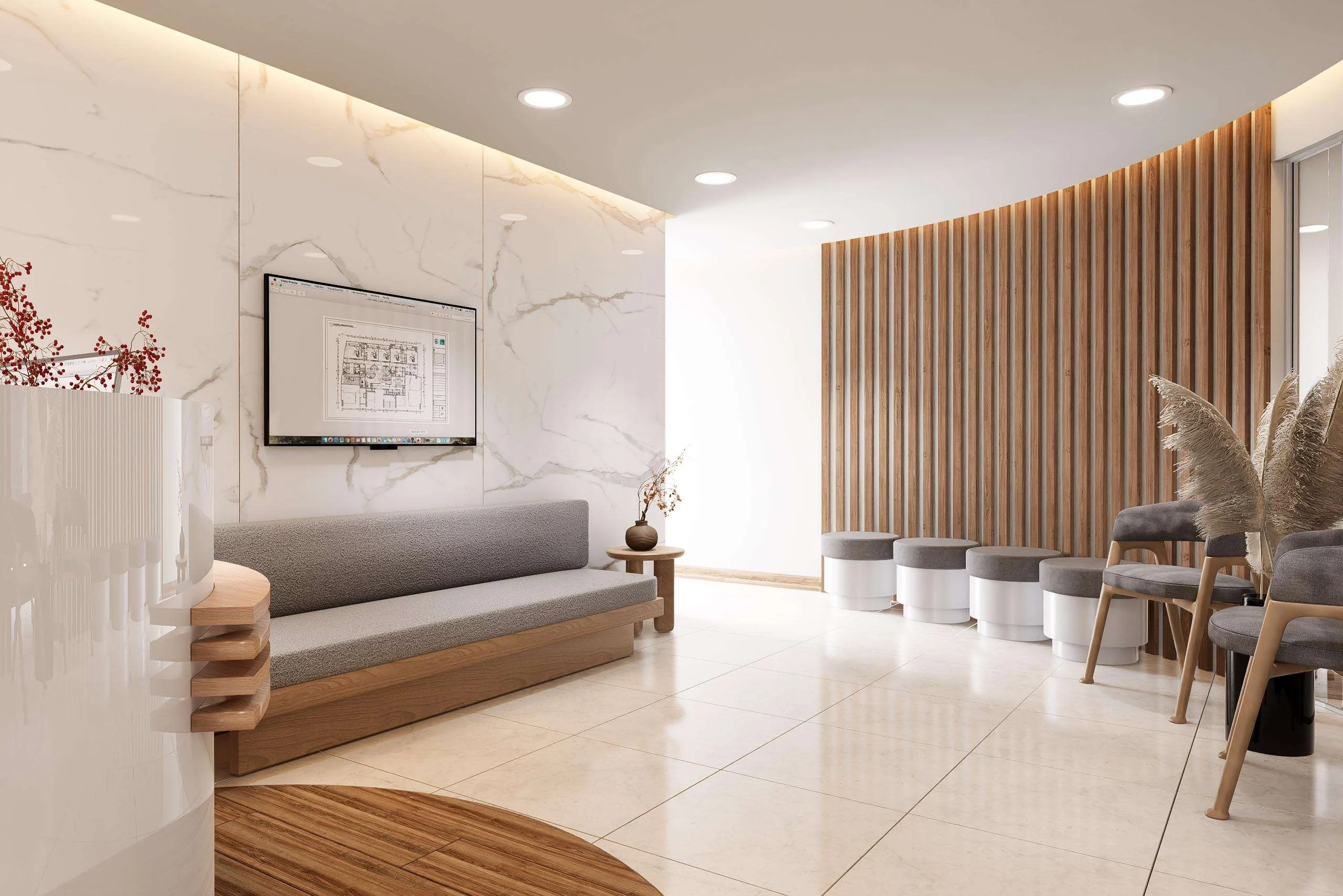 Sala de espera con banca flotante y celosía de listones de la Clínica Capilar en Providencia — Grupo Lecaros