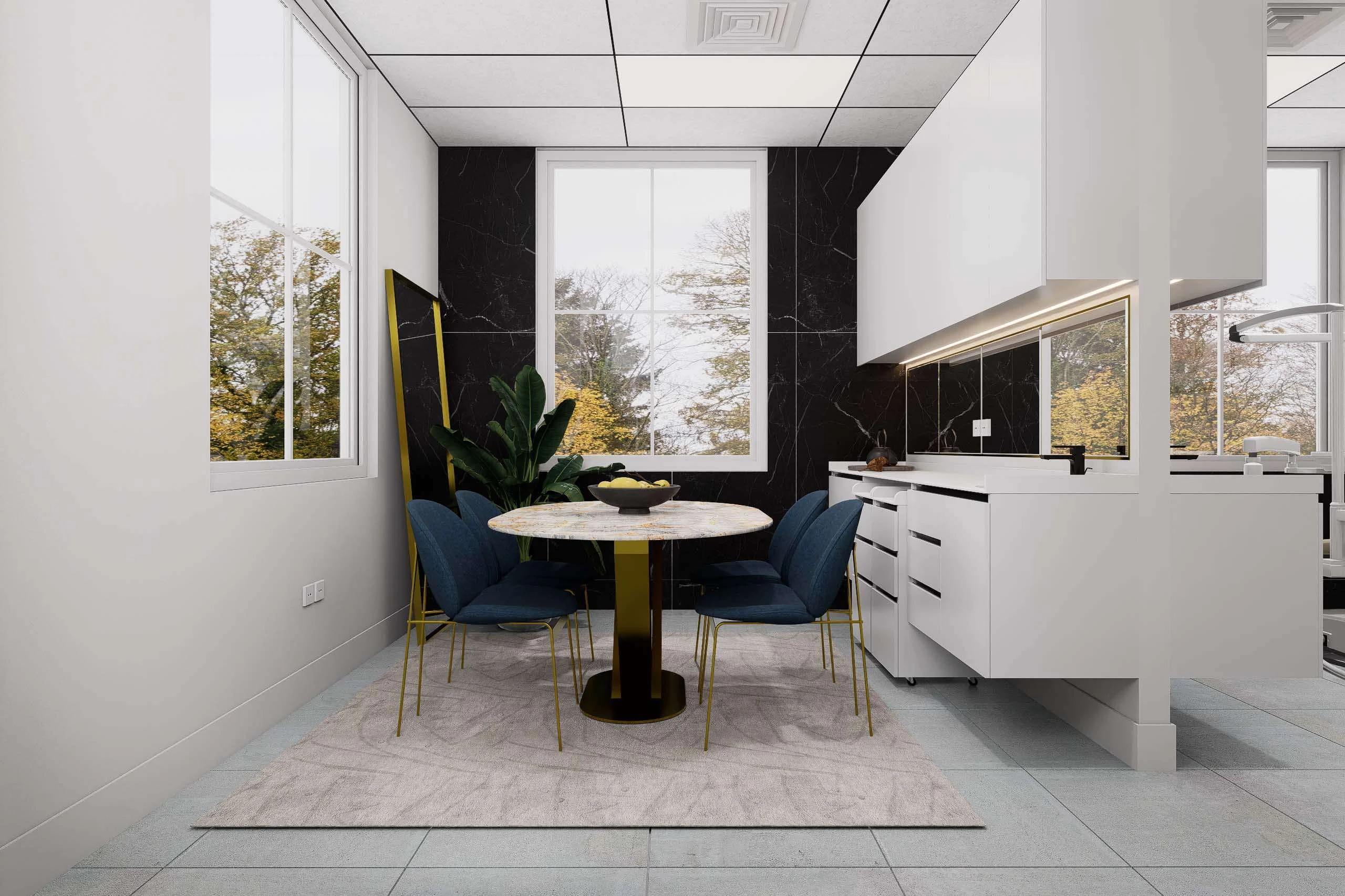 Sala de consulta con mesa redonda y sillas junto al muro de mármol negro de la Clínica Dental/Estética en Miami — Grupo Lecaros