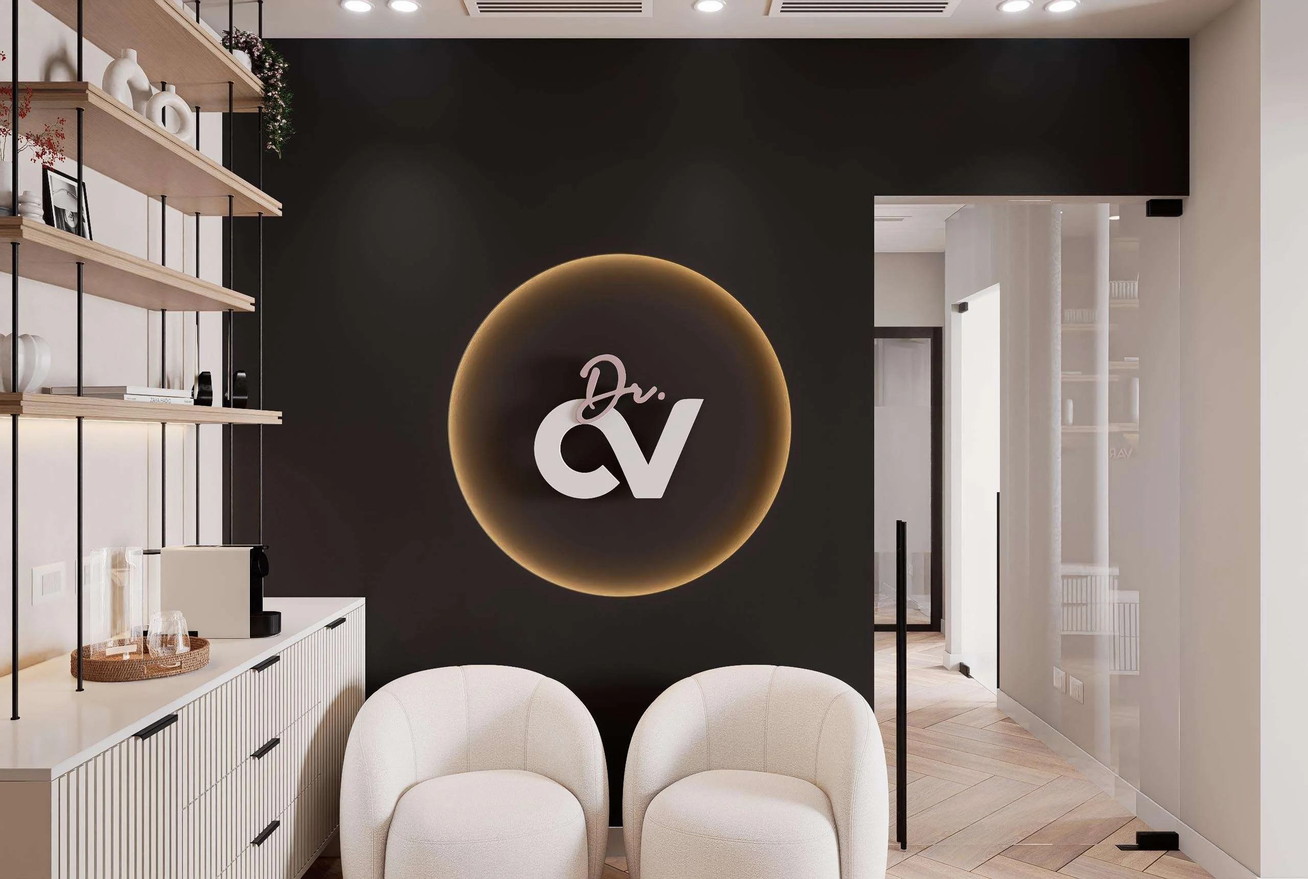 Recepción y mueble de exhibición del centro de Medicina Estética en Miami — Grupo Lecaros
