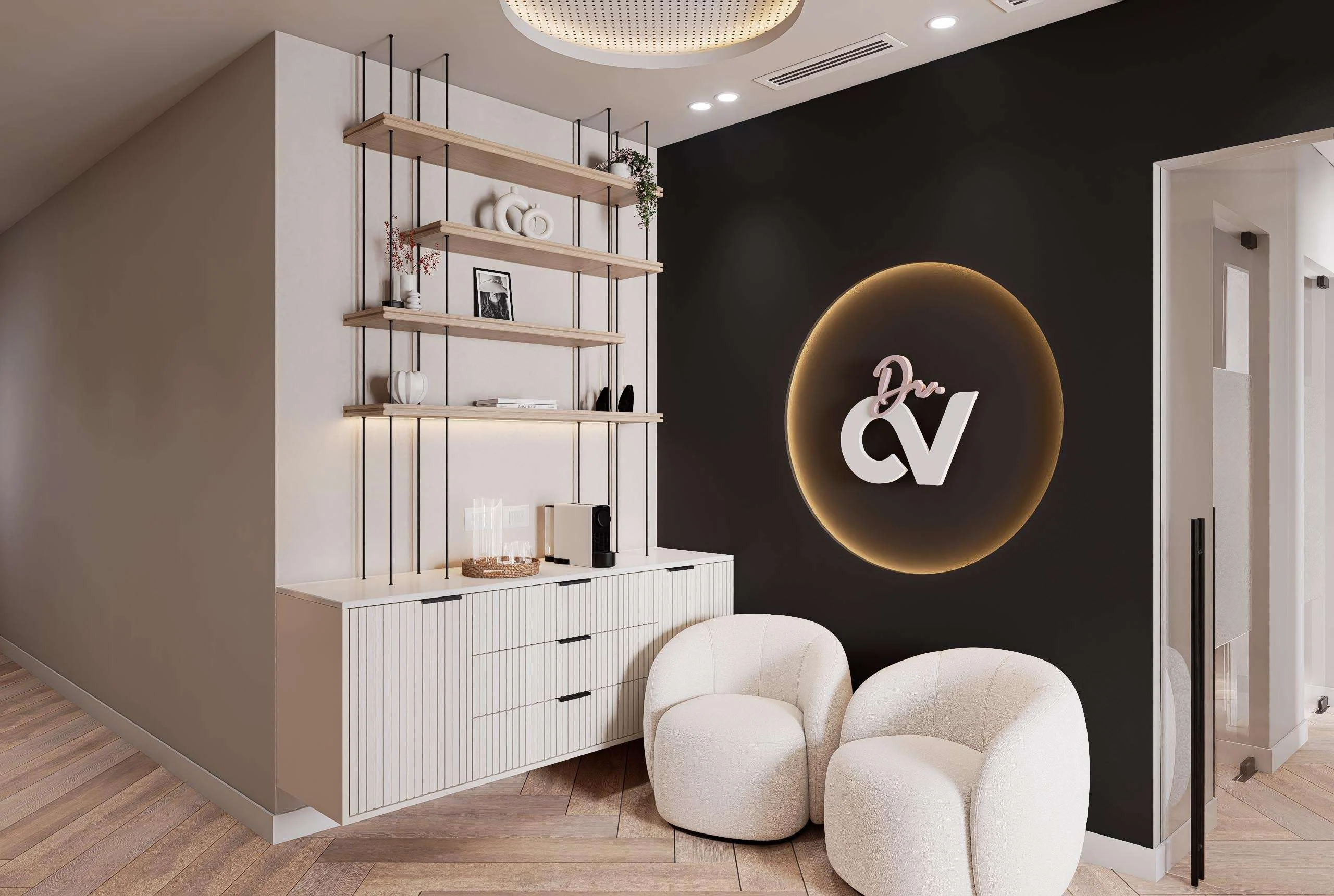 Recepción y mueble de exhibición del centro de Medicina Estética en Miami — Grupo Lecaros