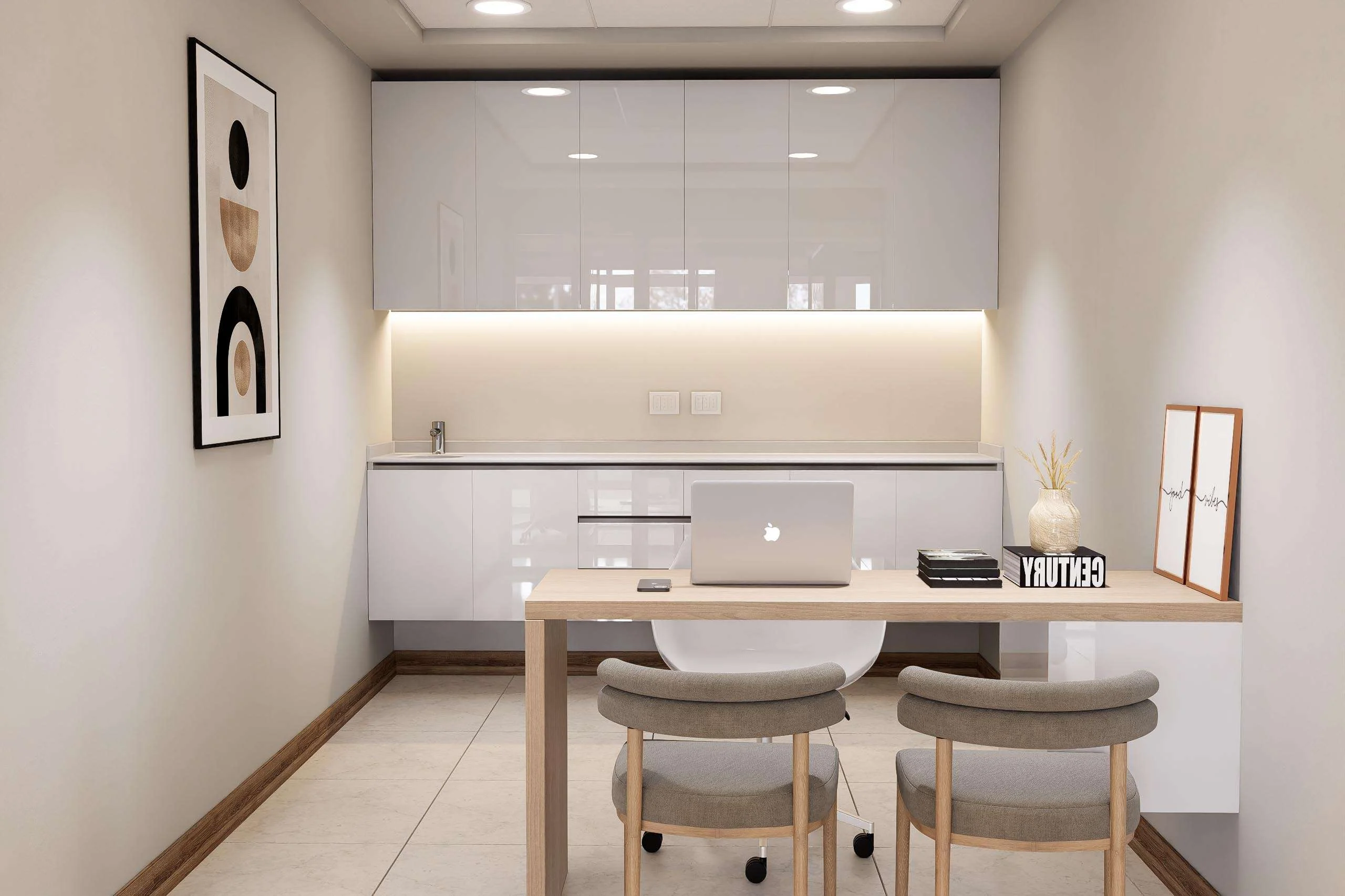 Consulta con escritorio de madera y mueble con luz integrada de la Clínica Capilar en Providencia — Grupo Lecaros
