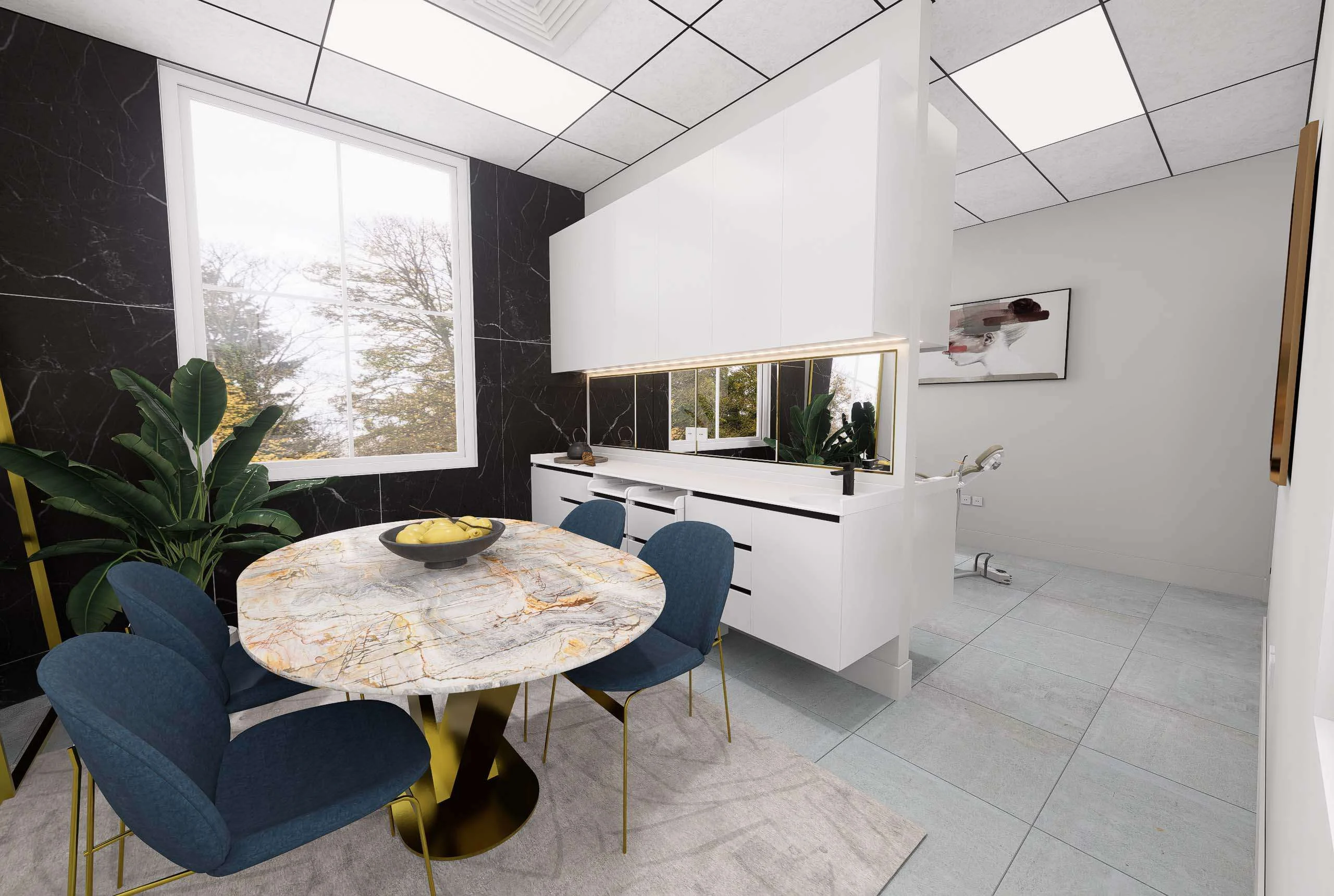 Sala de consulta con mueble a medida y espejo con luz de la Clínica Dental/Estética en Miami — Grupo Lecaros